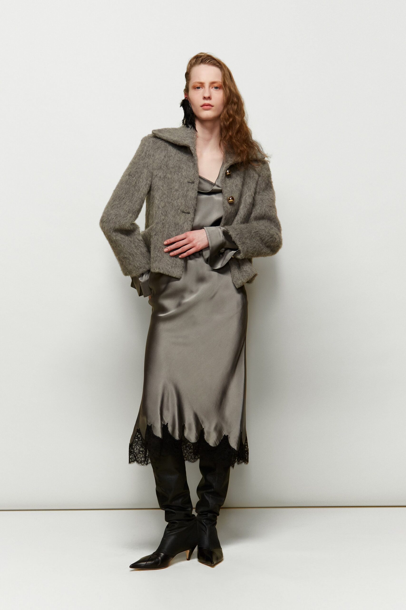 gray silk sleeveless v-neck fitted layered midi dress