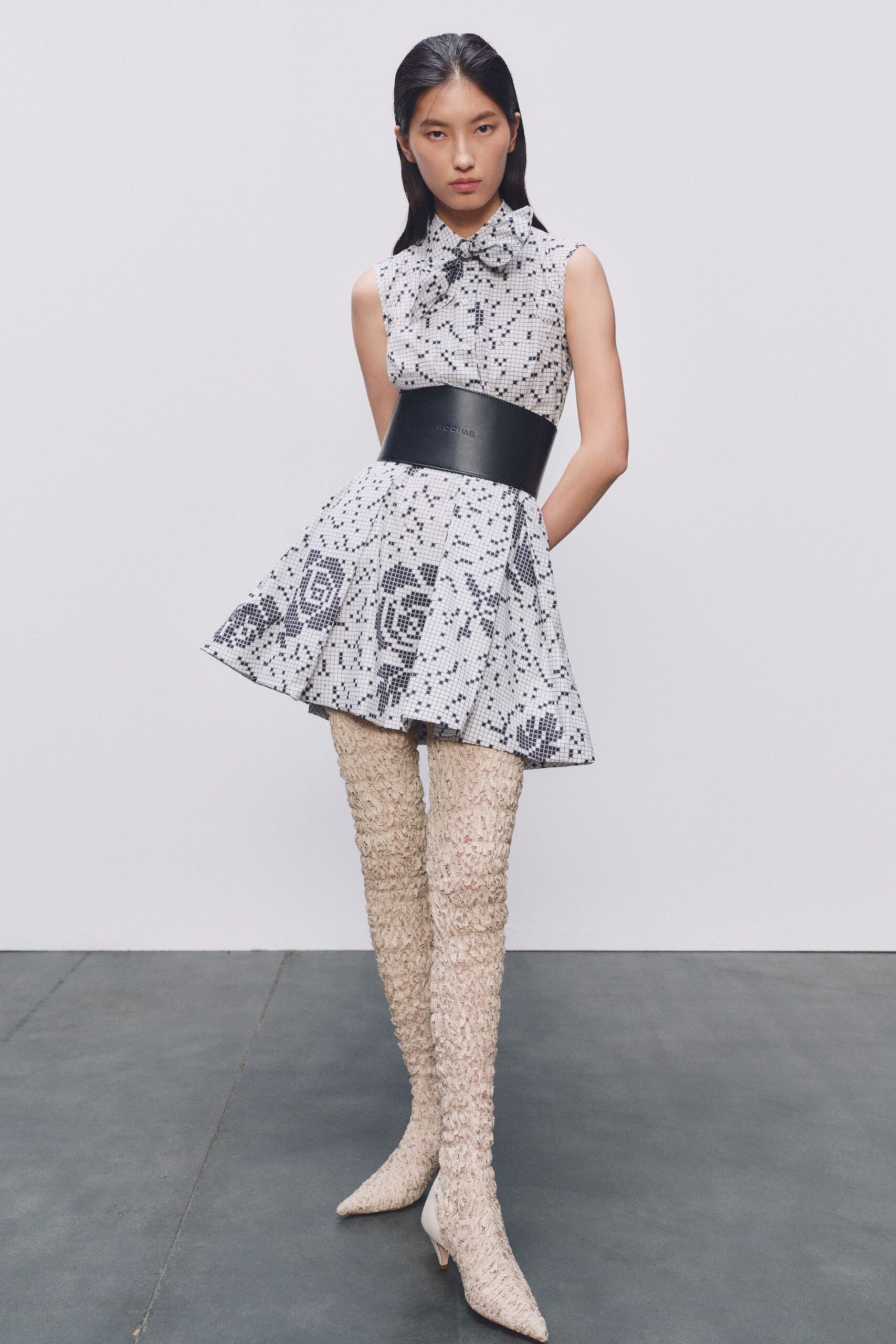 white cotton sleeveless collared fitted a-line printed dress