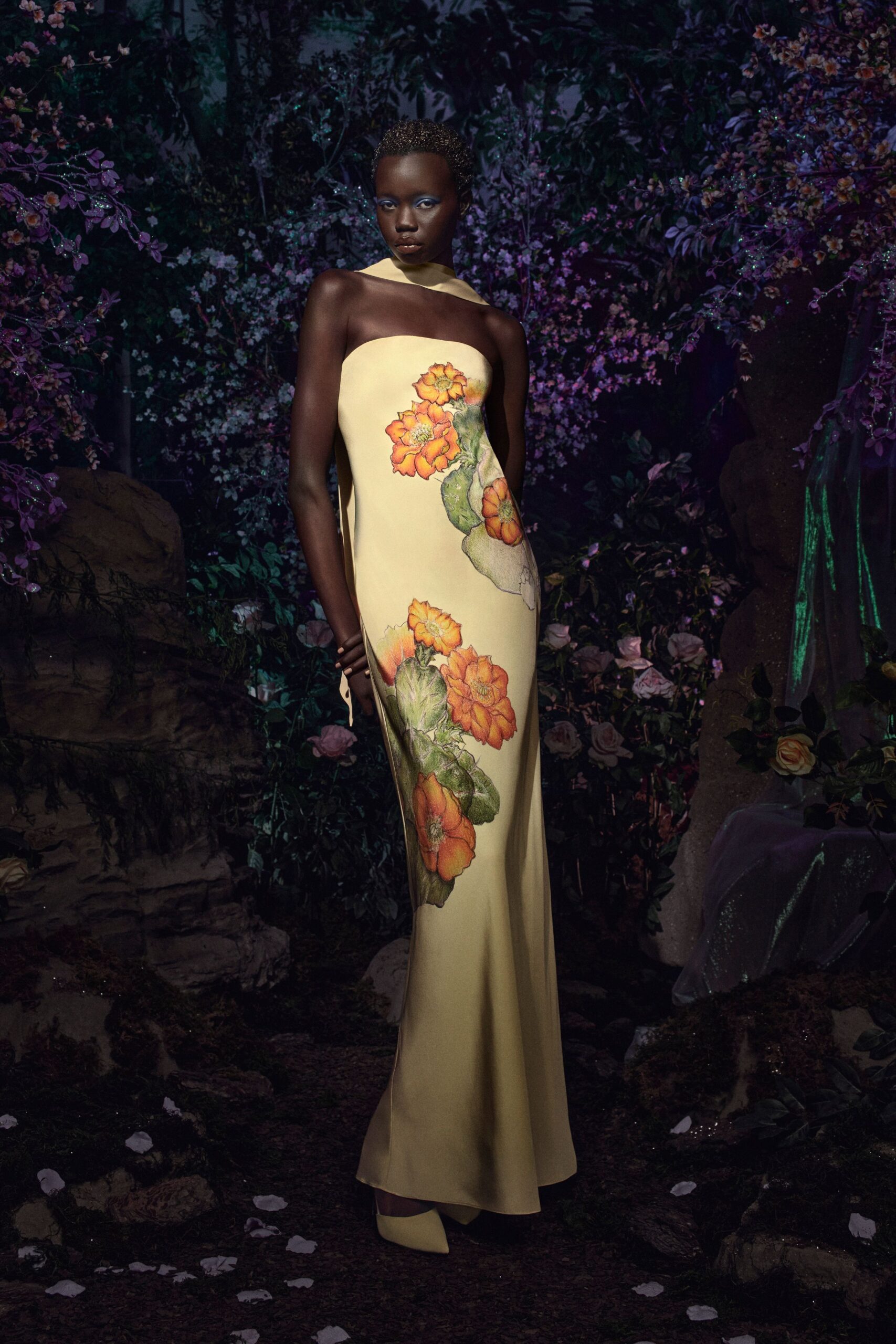 yellow silk strapless fitted floral maxi gown