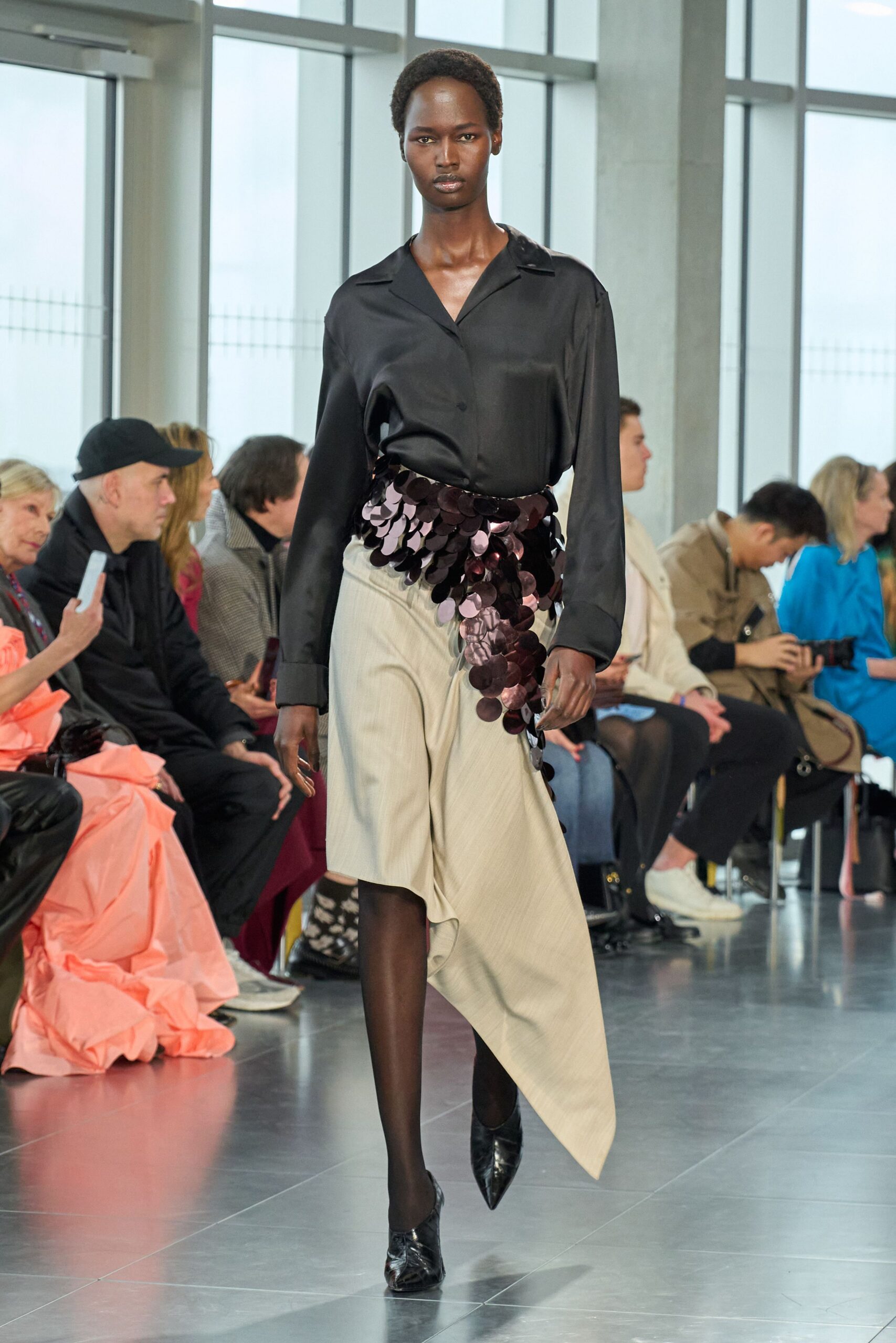 black silk shirt beige asymmetric skirt