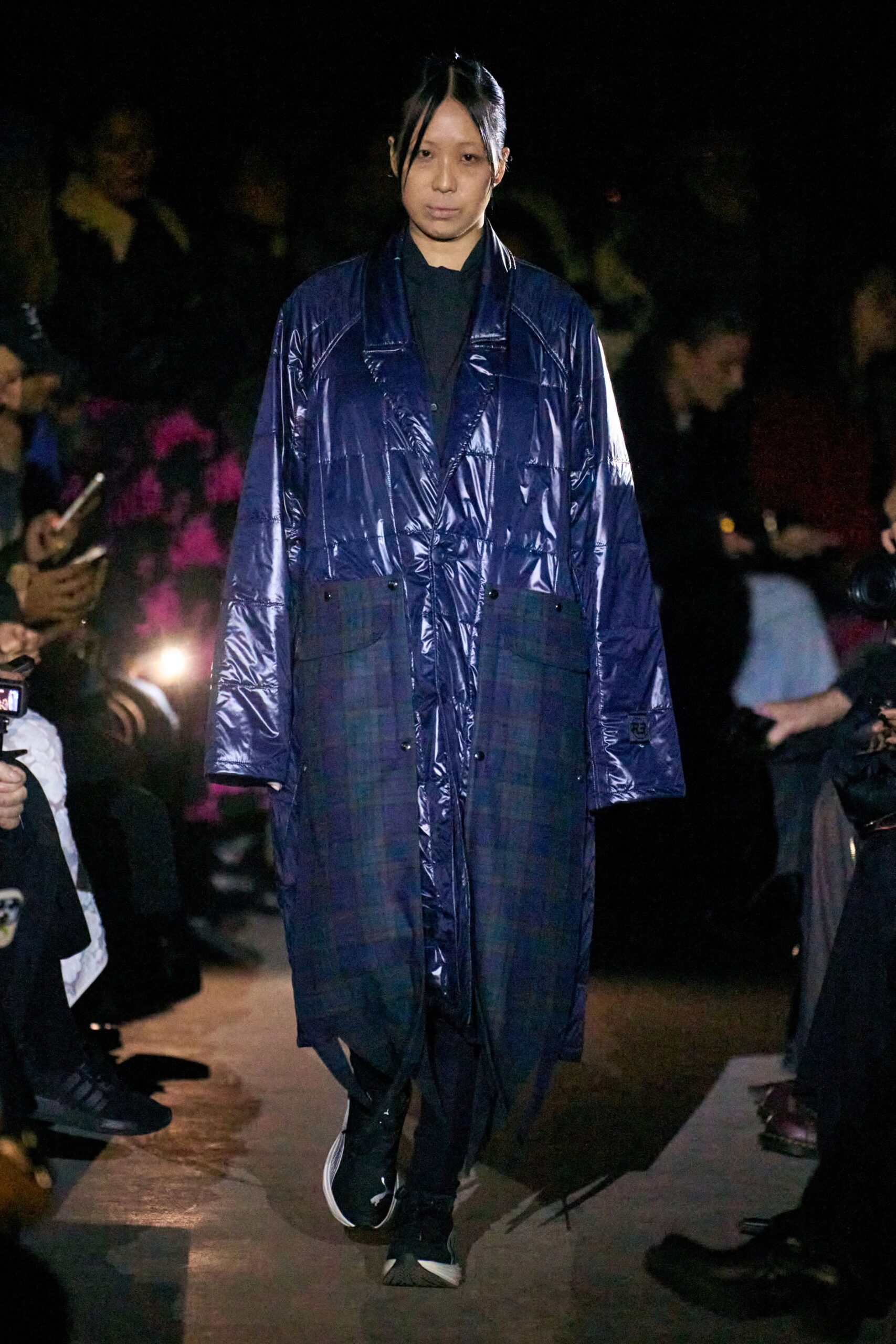 blue vinyl long-sleeve collared oversized zippered pockets coat