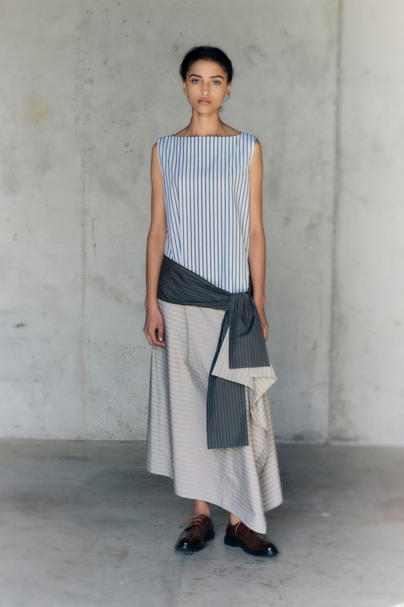 striped midi dress with brown shoes