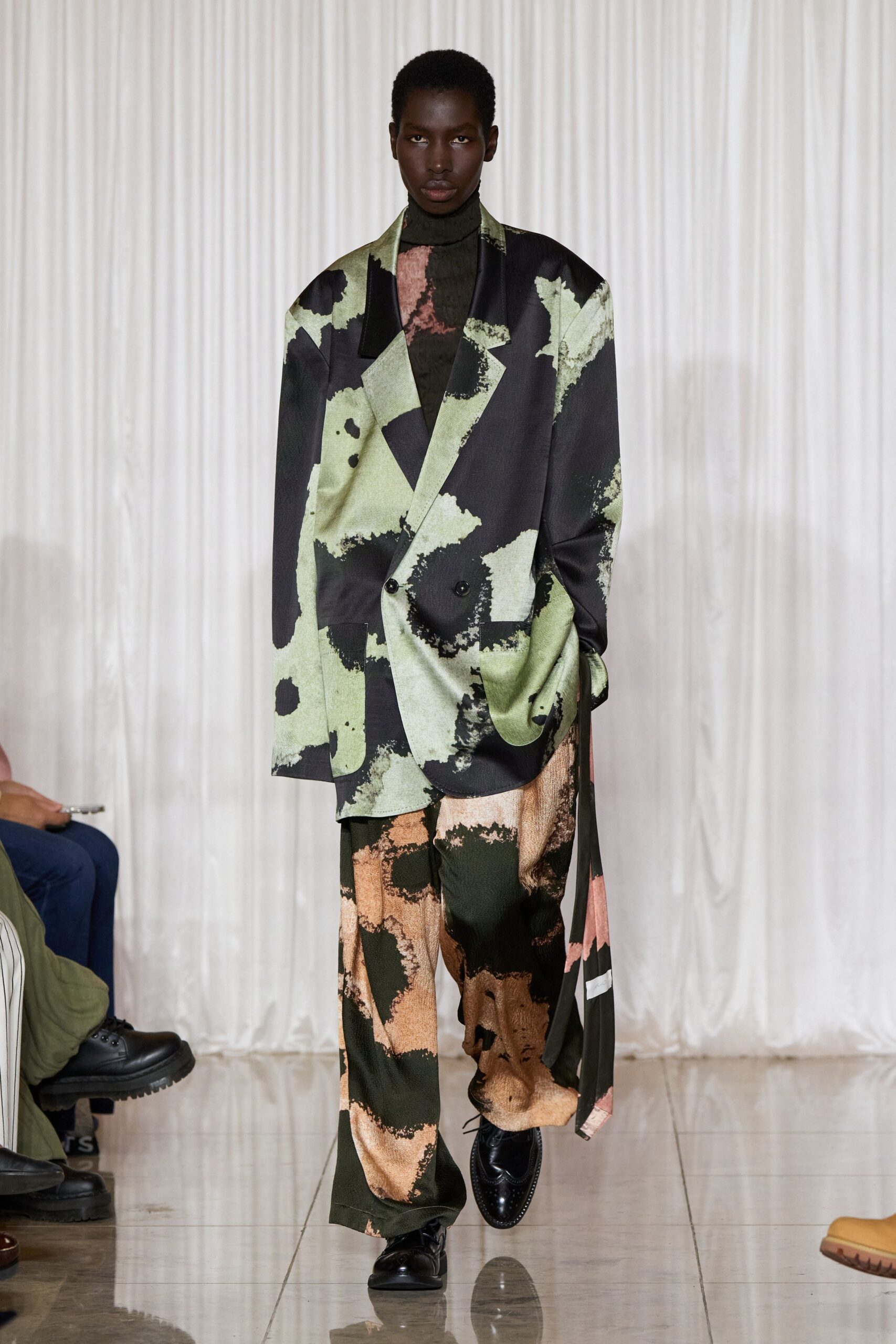 printed black green blazer with wide-leg pants