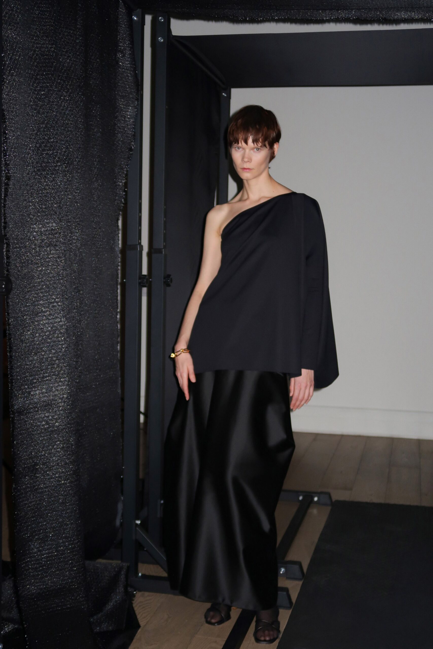 black silk asymmetric gown