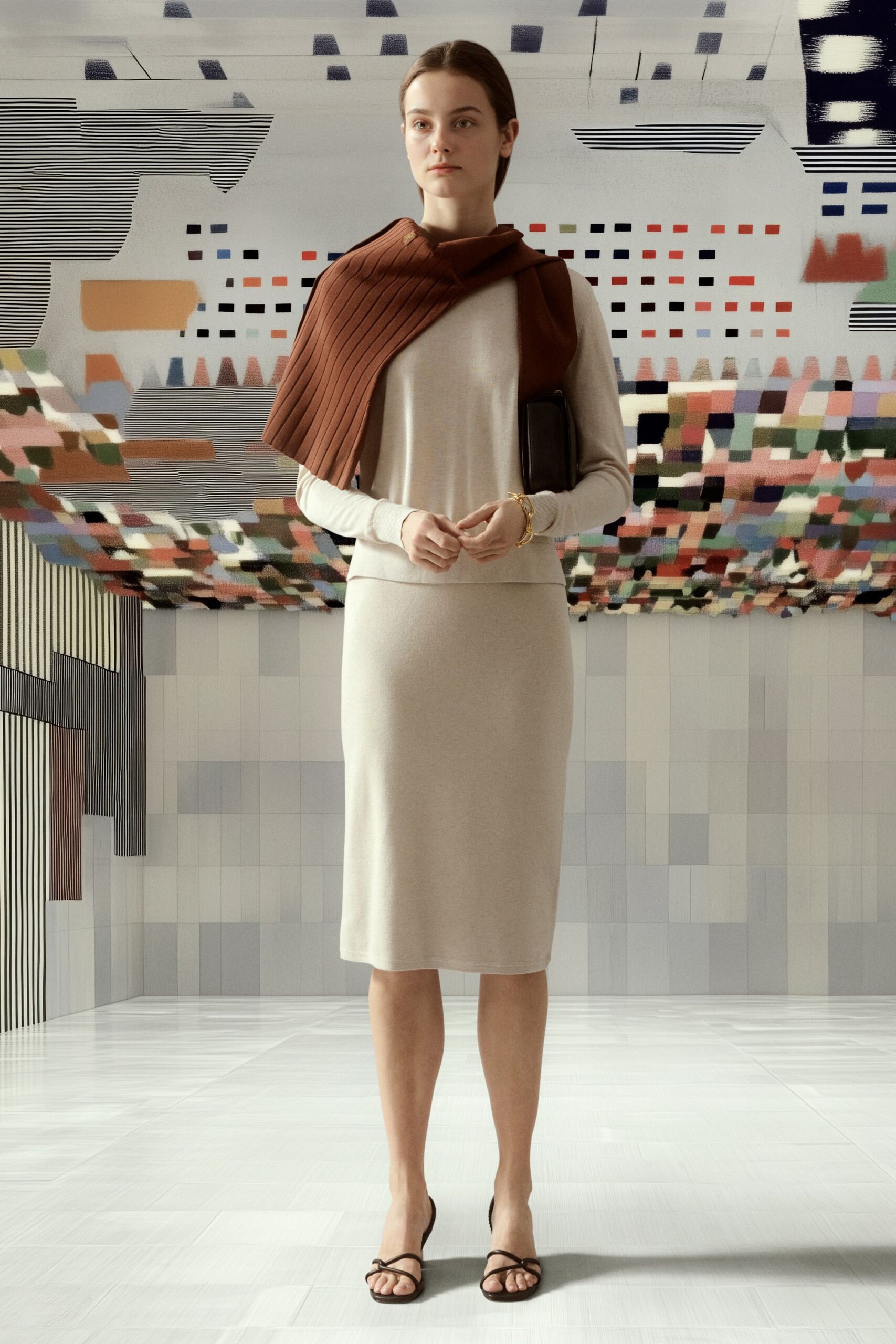beige wool long-sleeve scoop-neck fitted top