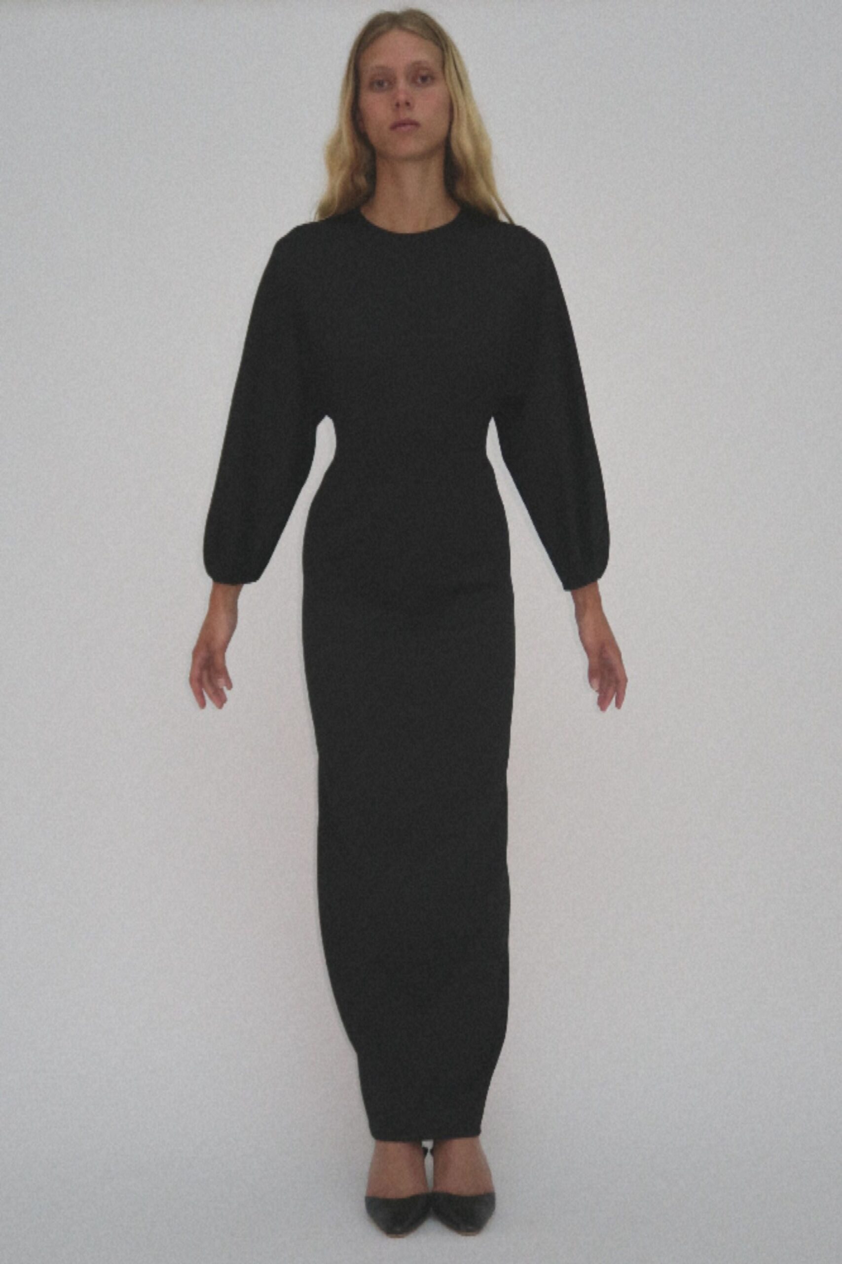 black cotton long-sleeve high-neck fitted straight-leg maxi gown