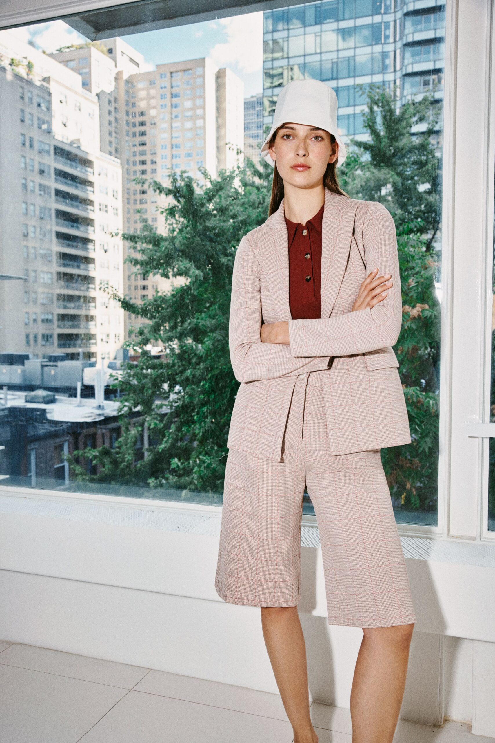 pink cotton tailored checked short shorts