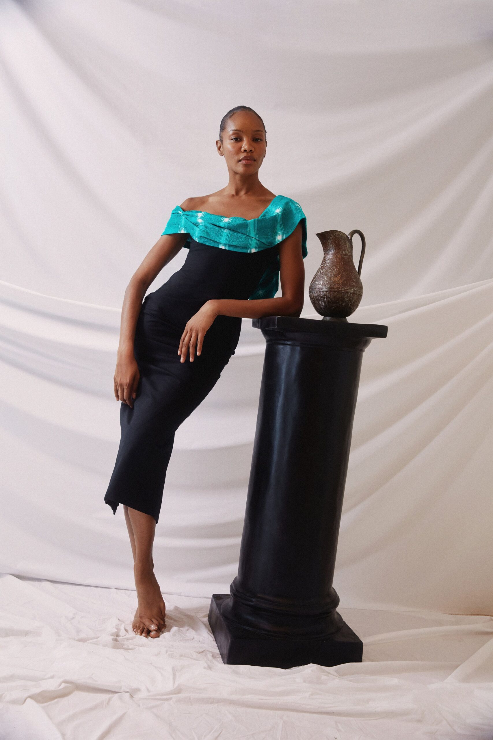 black midi dress with blue accents
