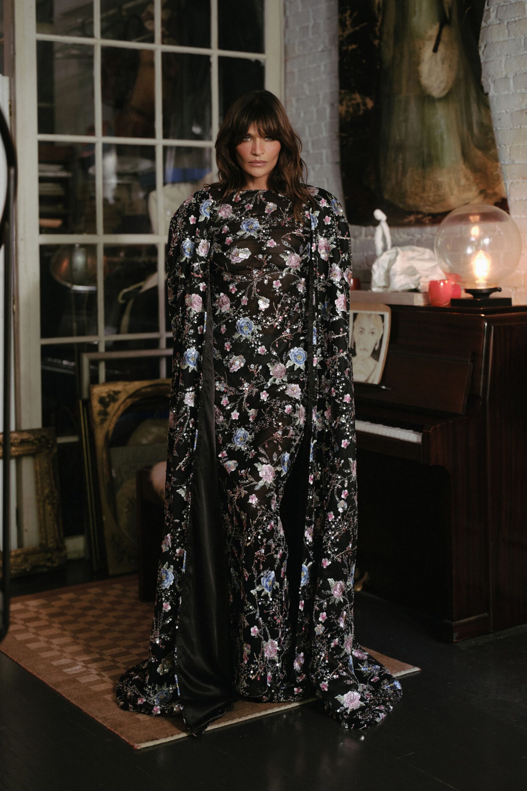black floral velvet gown with cape