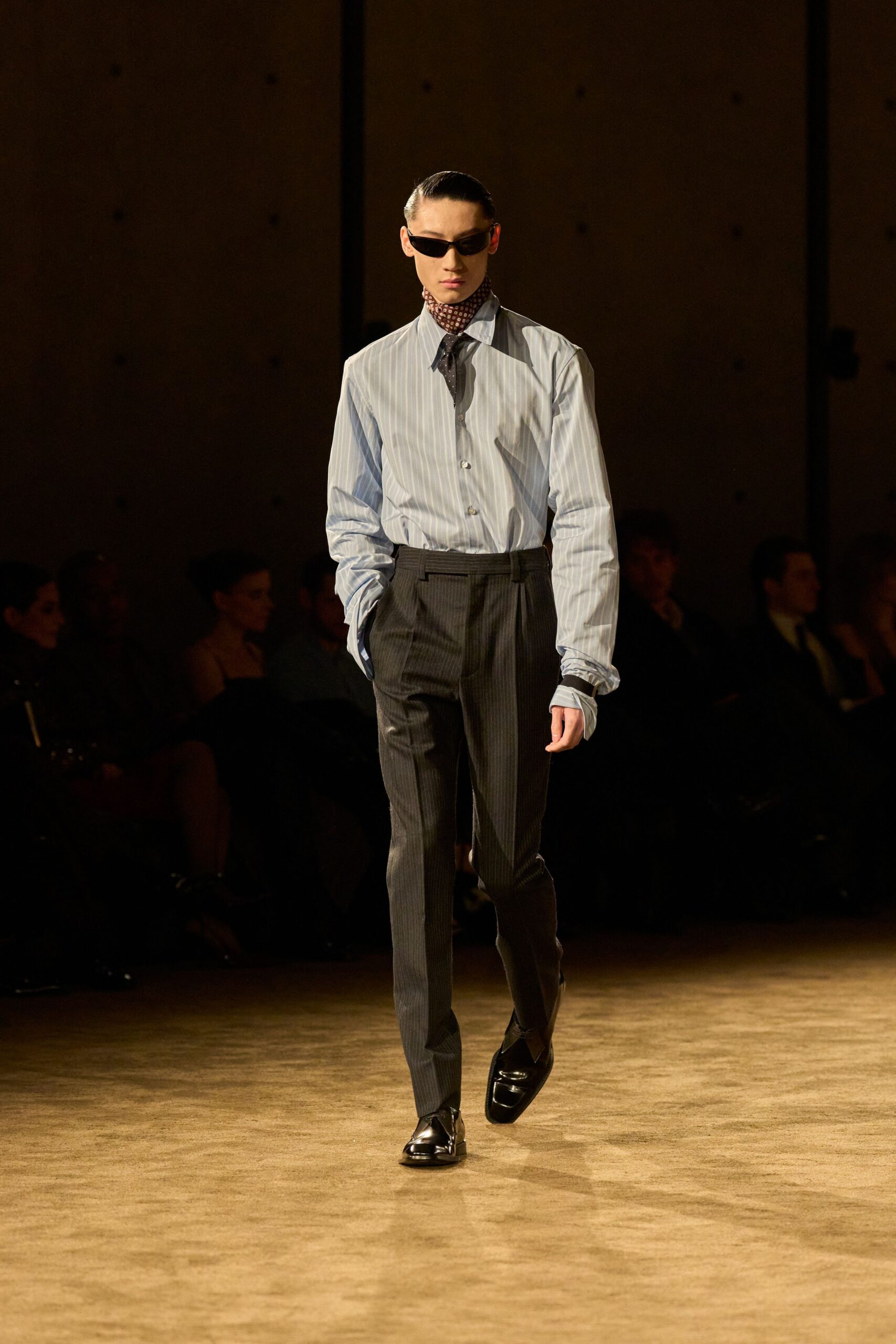 blue striped shirt black tailored pants