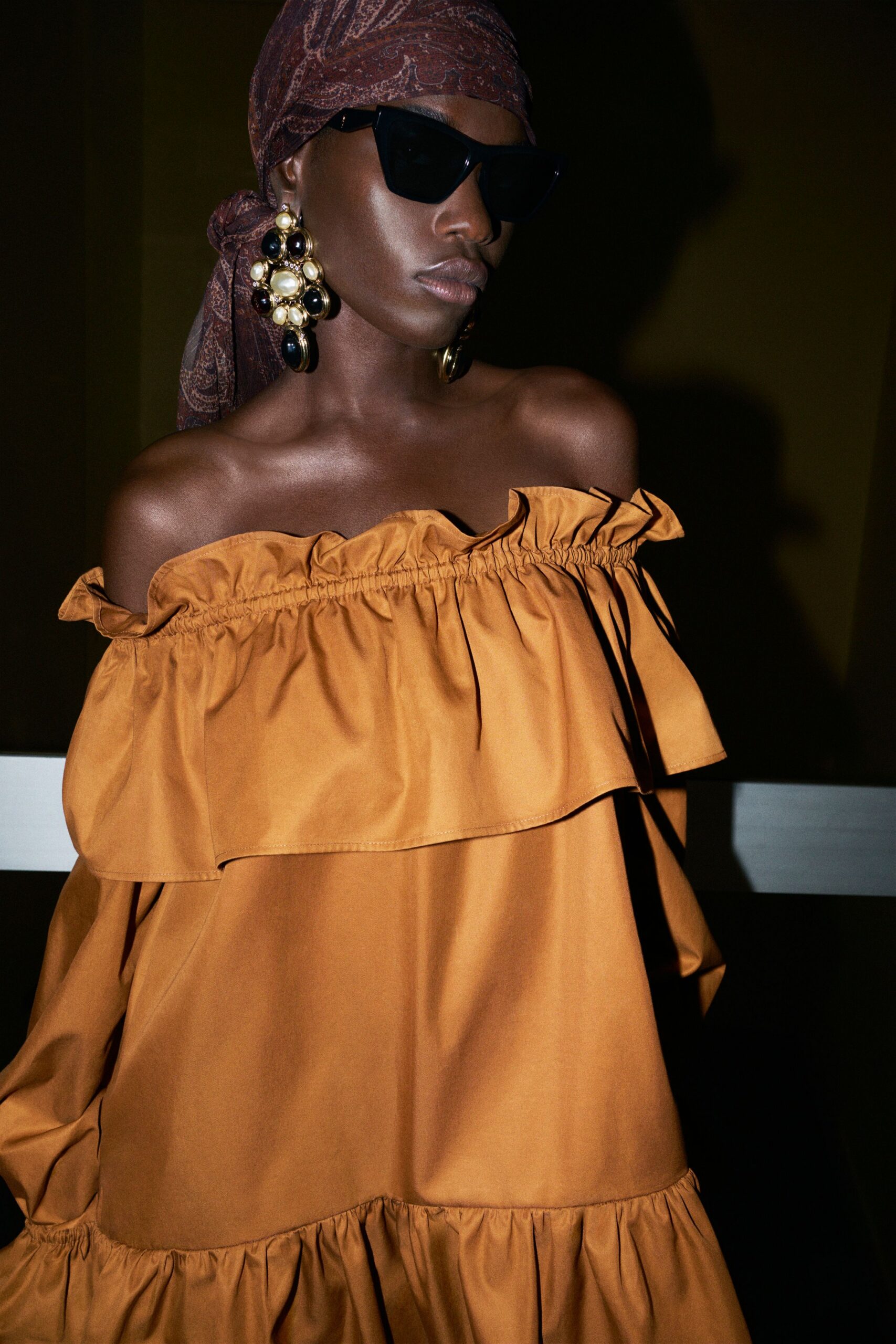 orange cotton off-shoulder long-sleeve relaxed ruffled tiered dress