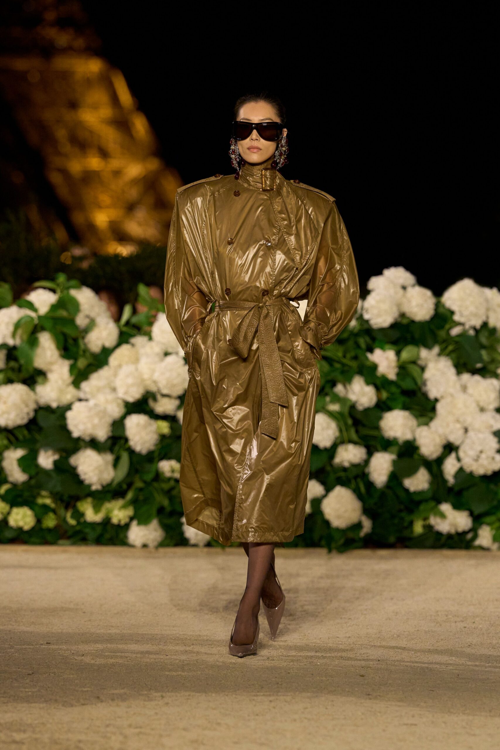 gold vinyl long-sleeve collared relaxed belted zippered coat