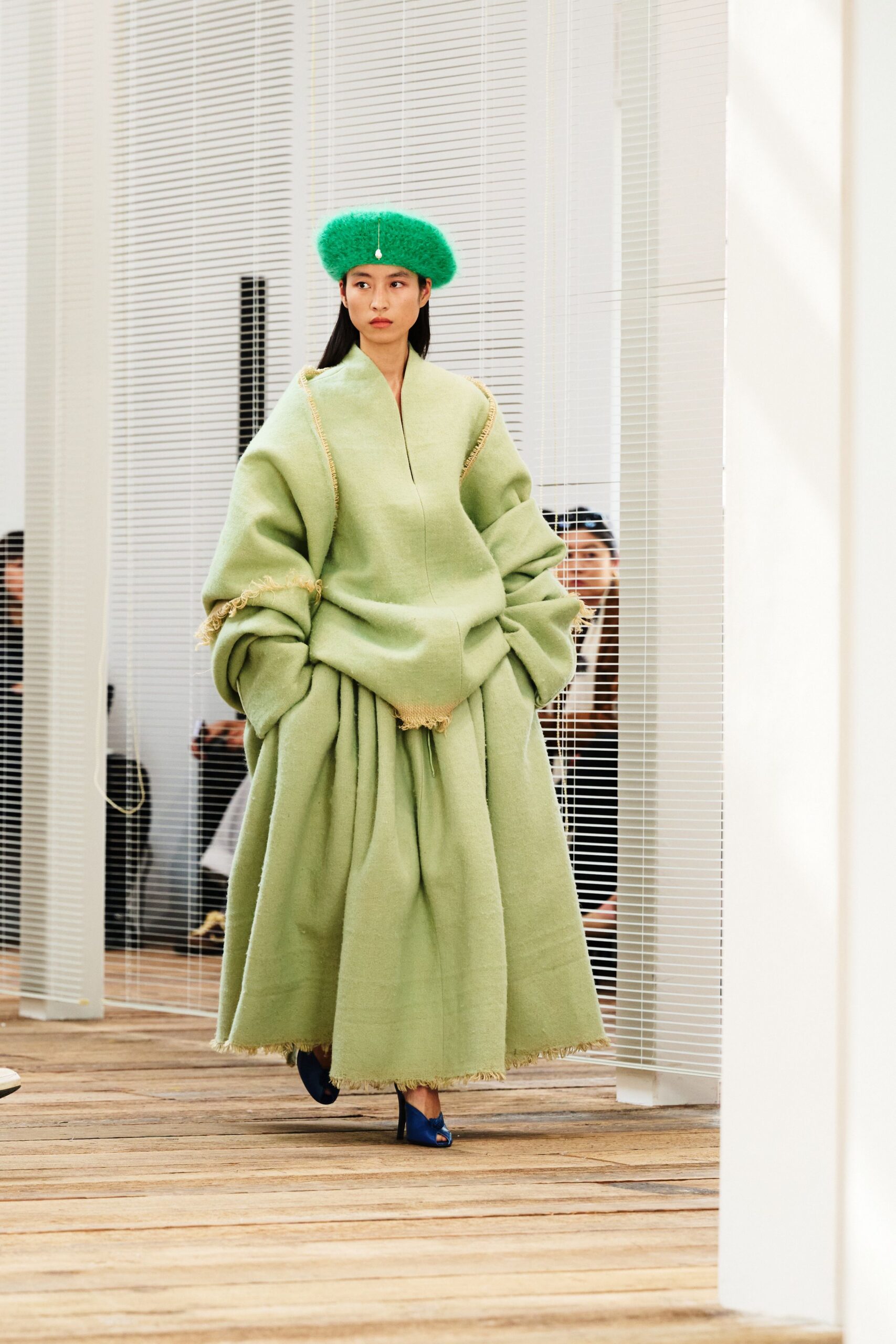 green cotton long-sleeve collared oversized pleated maxi dress