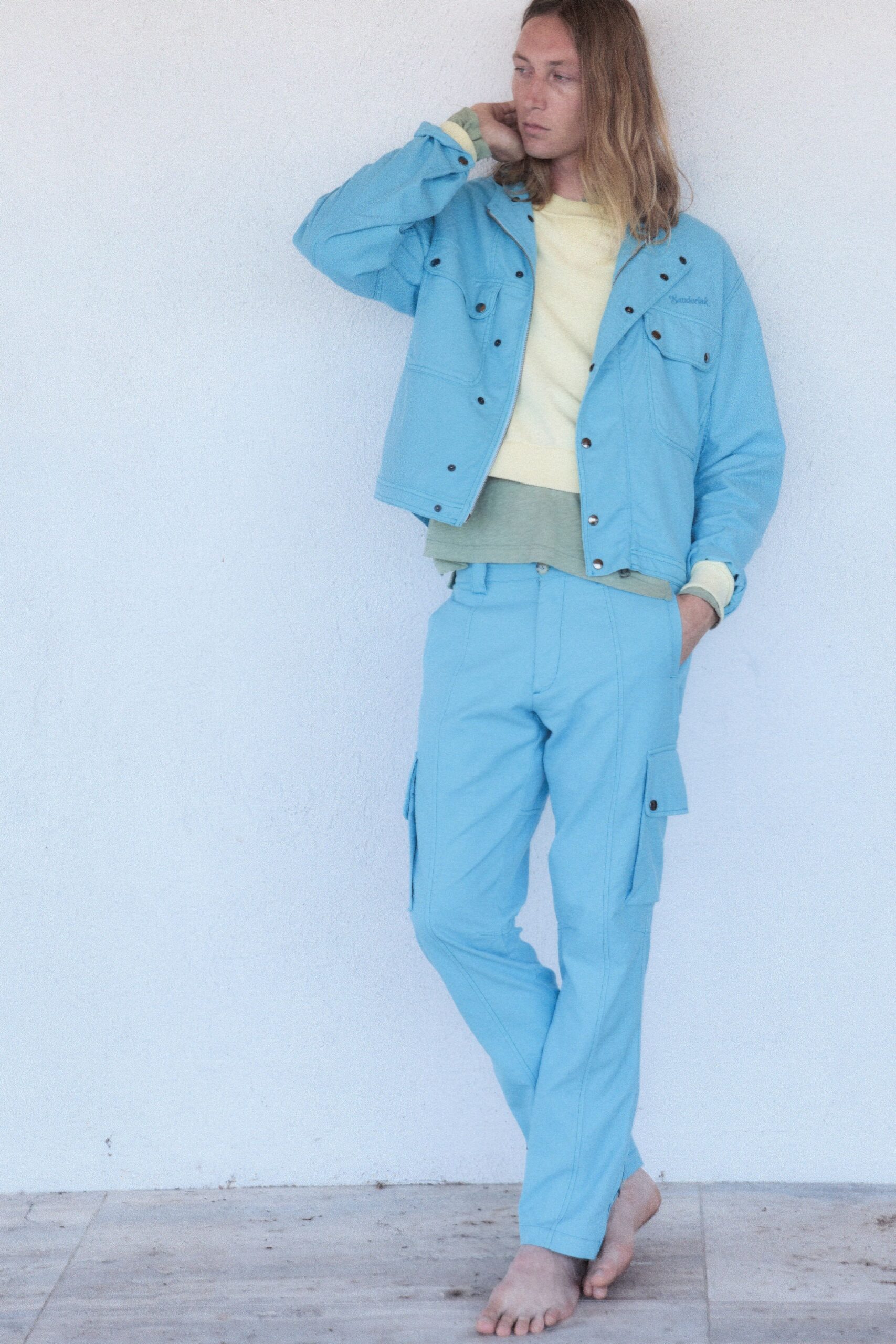 blue relaxed jacket with yellow top