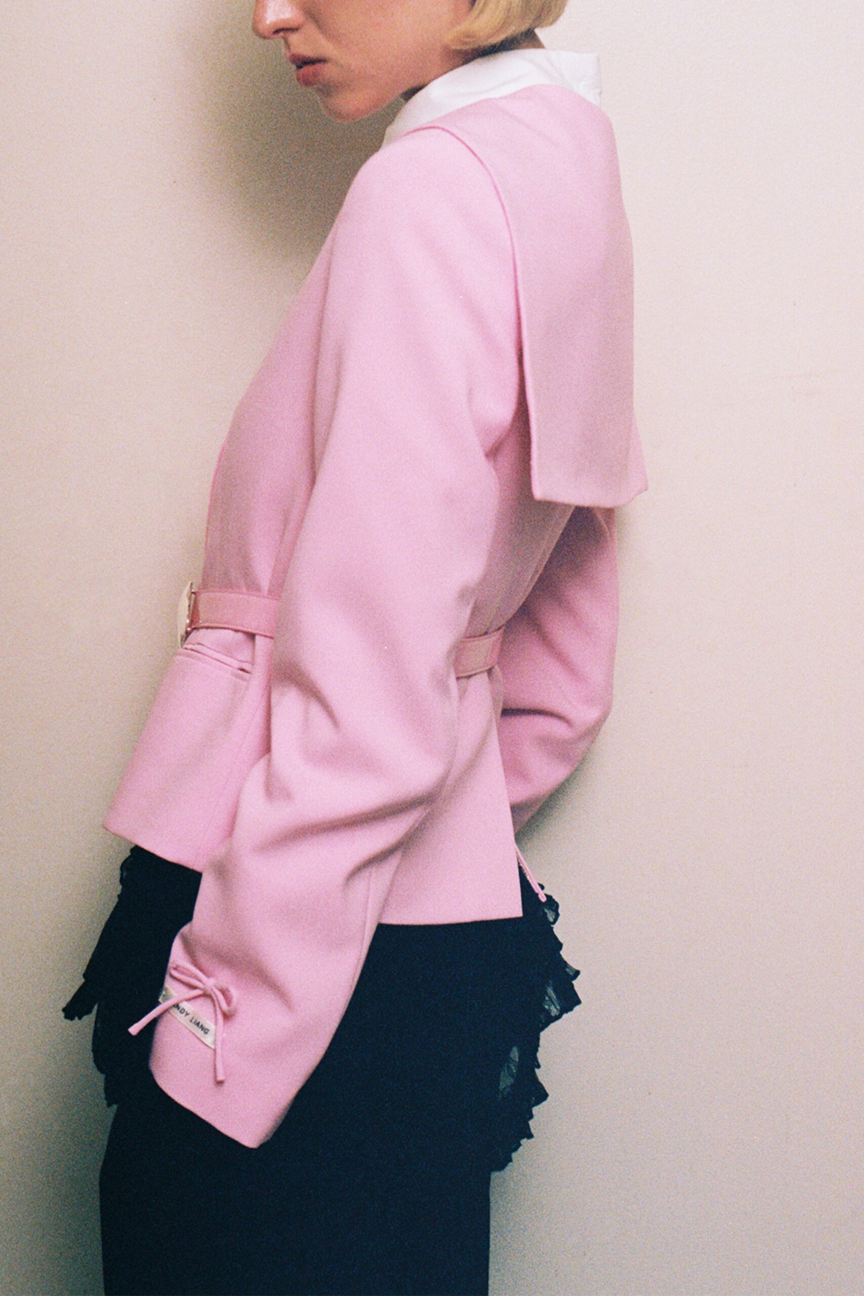 pink cotton long-sleeve collared tailored belted jacket