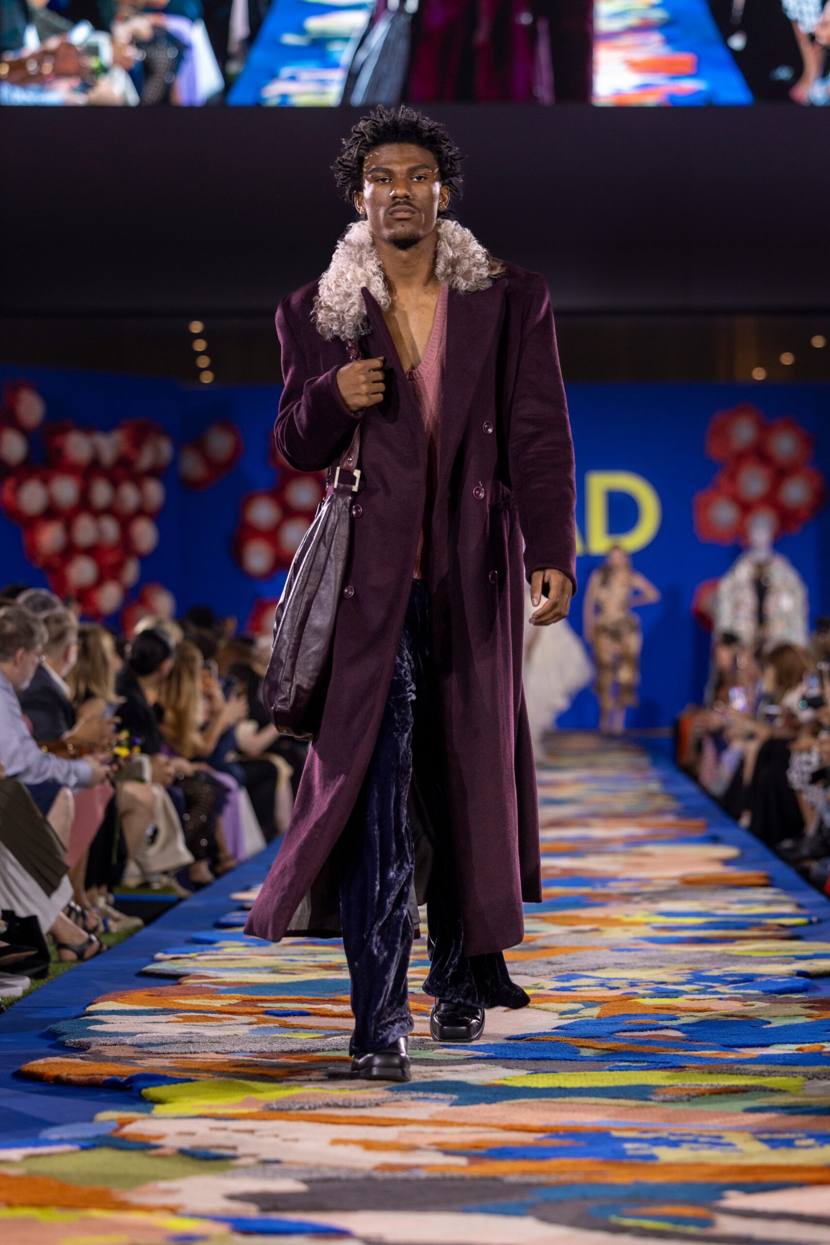 purple wool coat with pink top