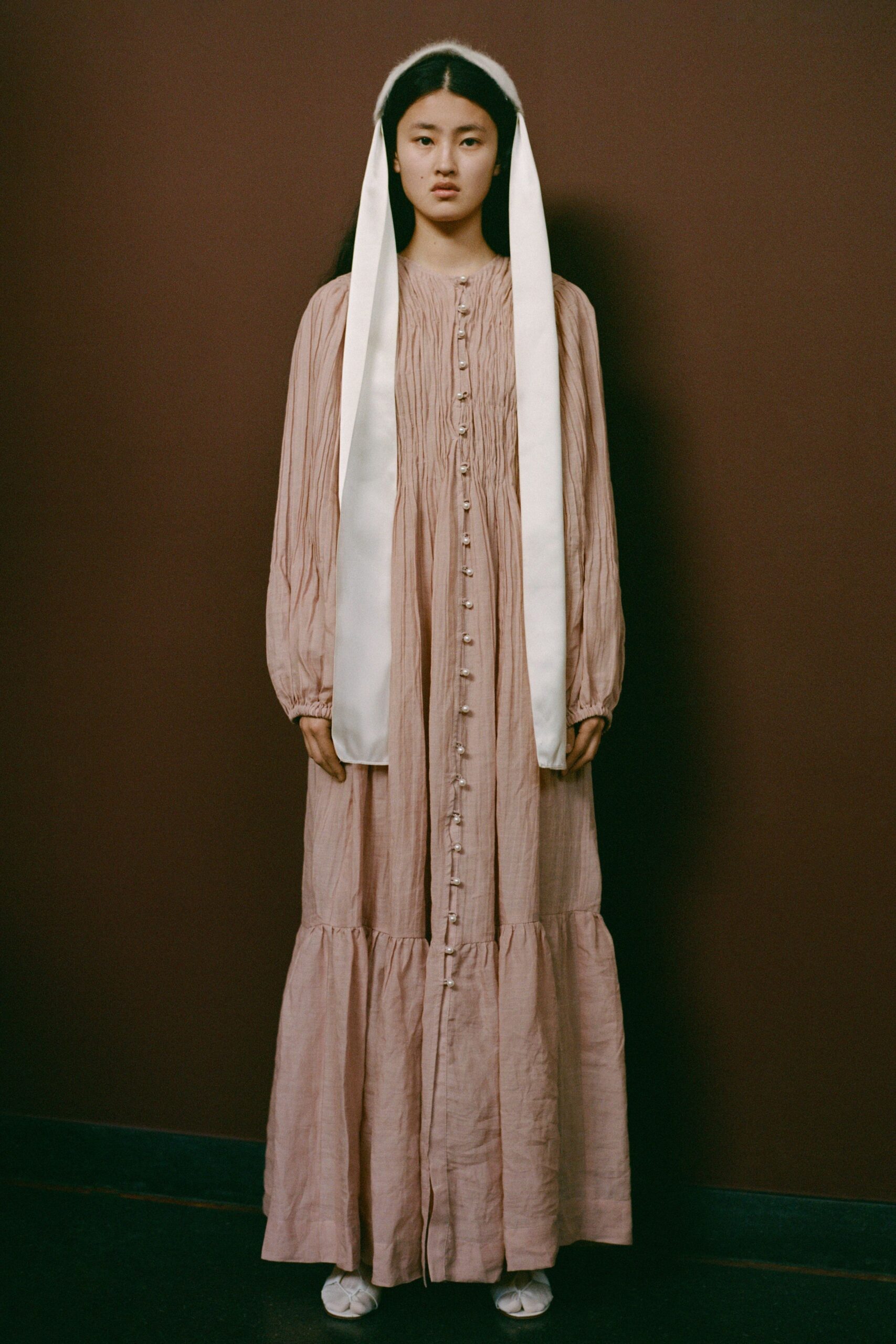 pink cotton long-sleeve collared relaxed pleated tiered dress