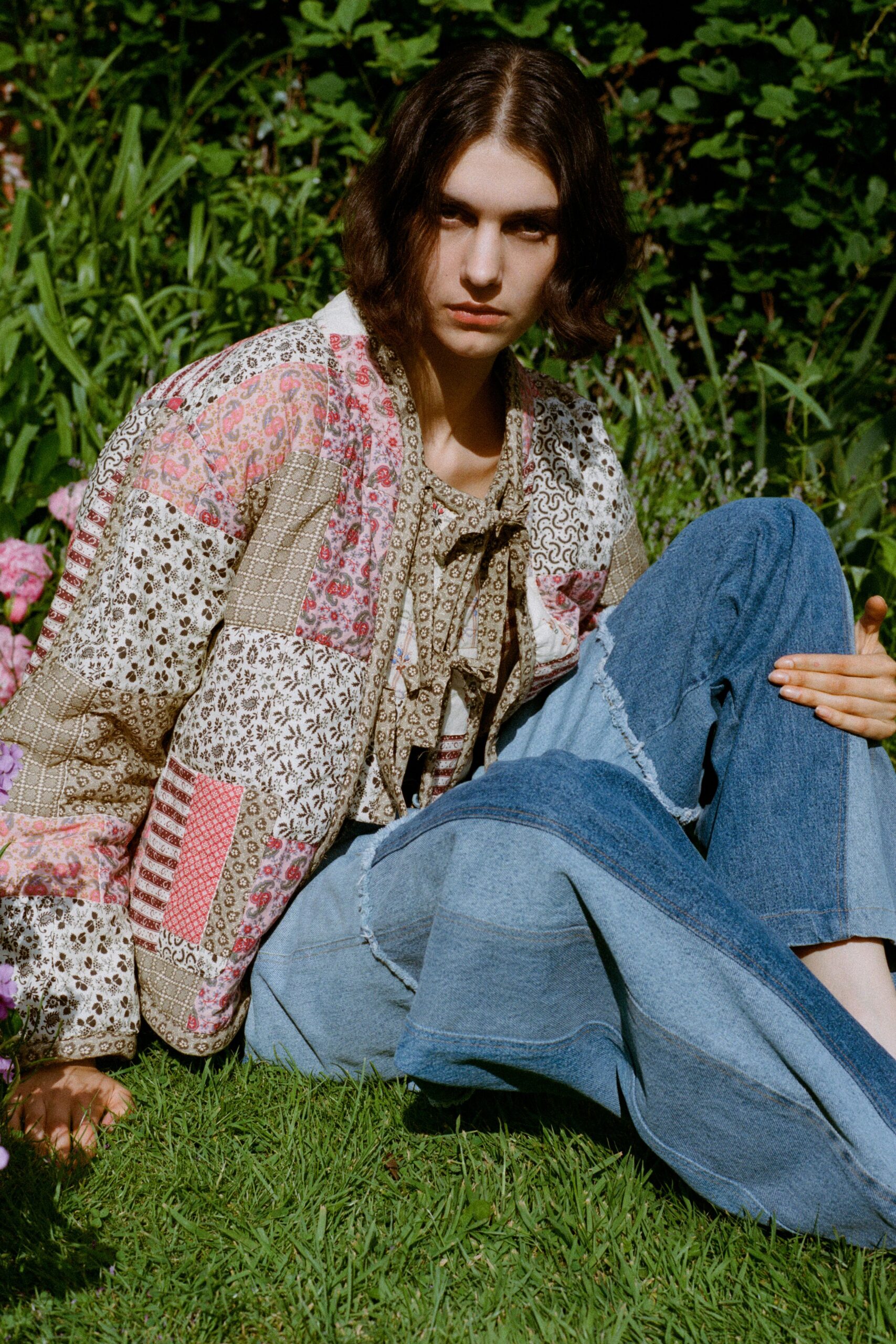 multi cotton long-sleeve collared relaxed patchwork jacket