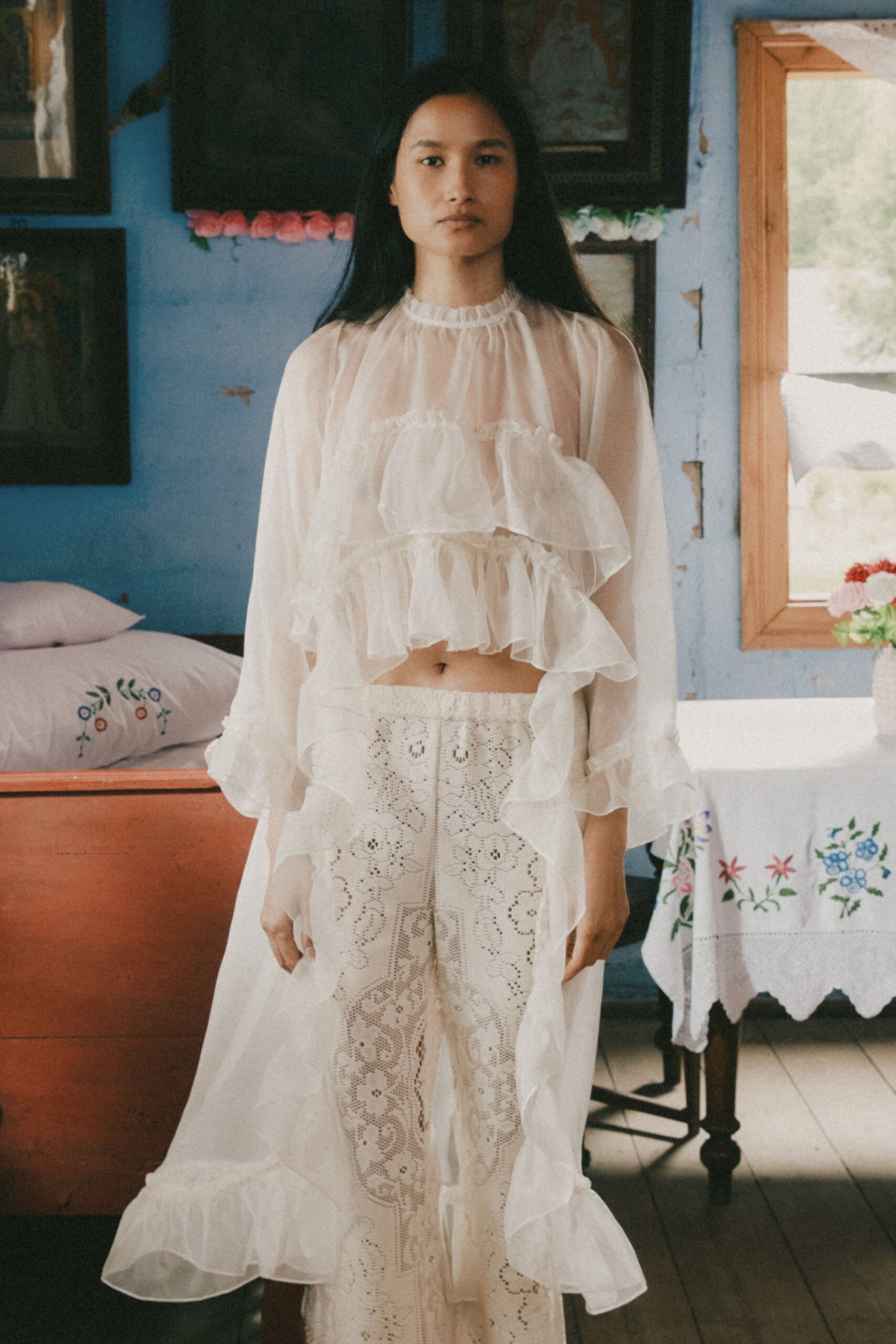white chiffon long-sleeve high-neck relaxed ruffled flowing top