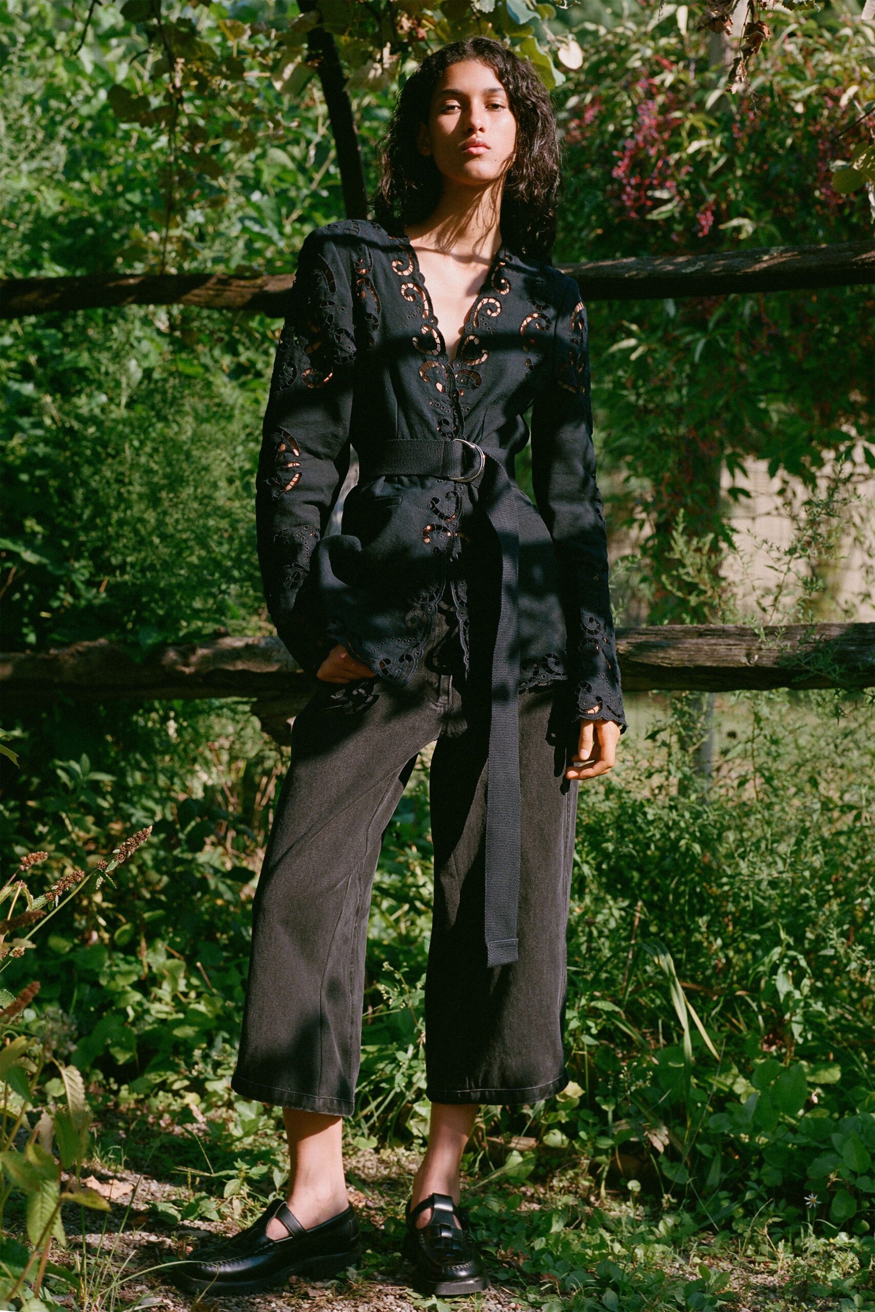 black cotton long-sleeve collared fitted embroidered belted shirt