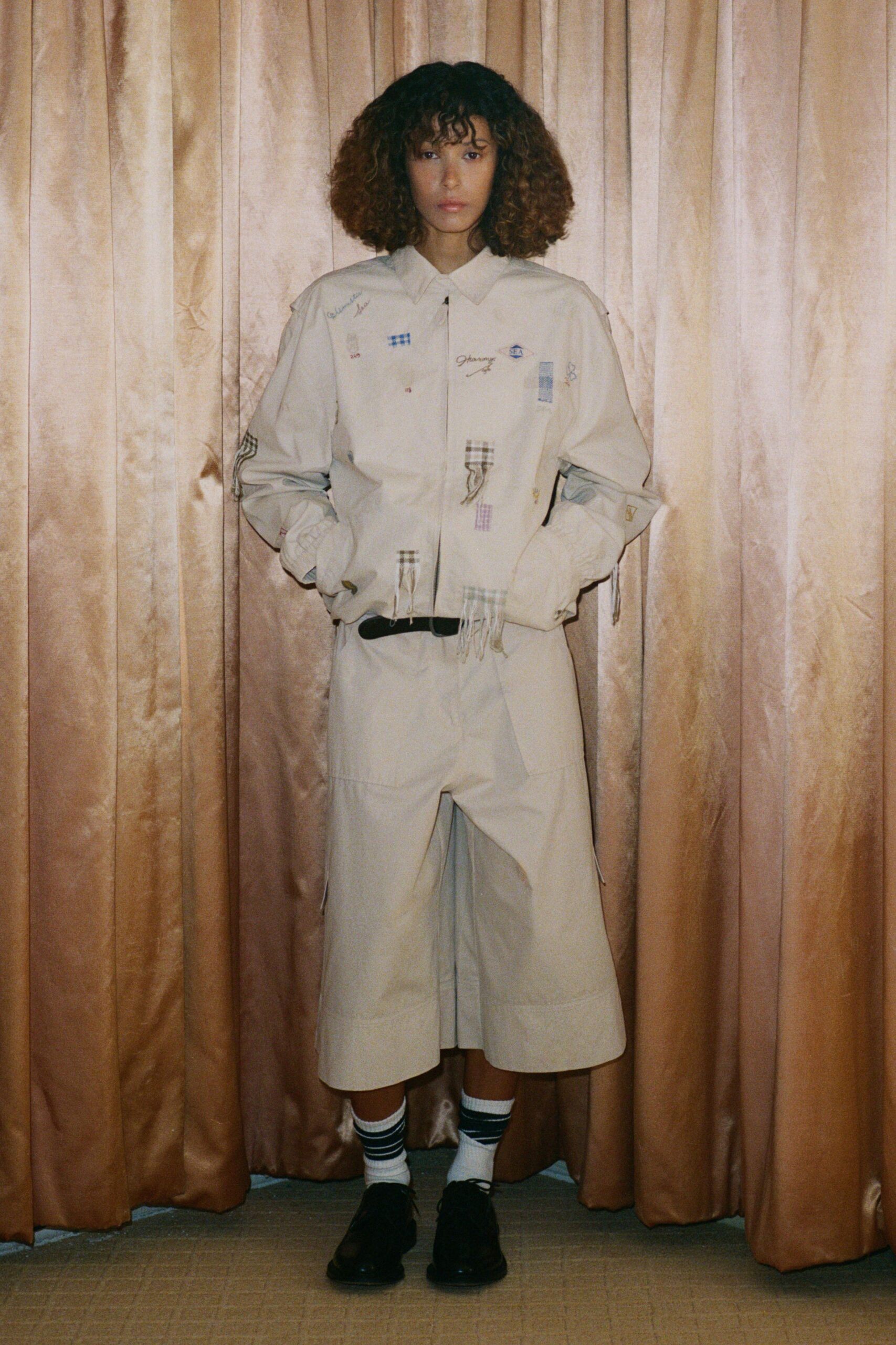 beige relaxed shirt and culottes