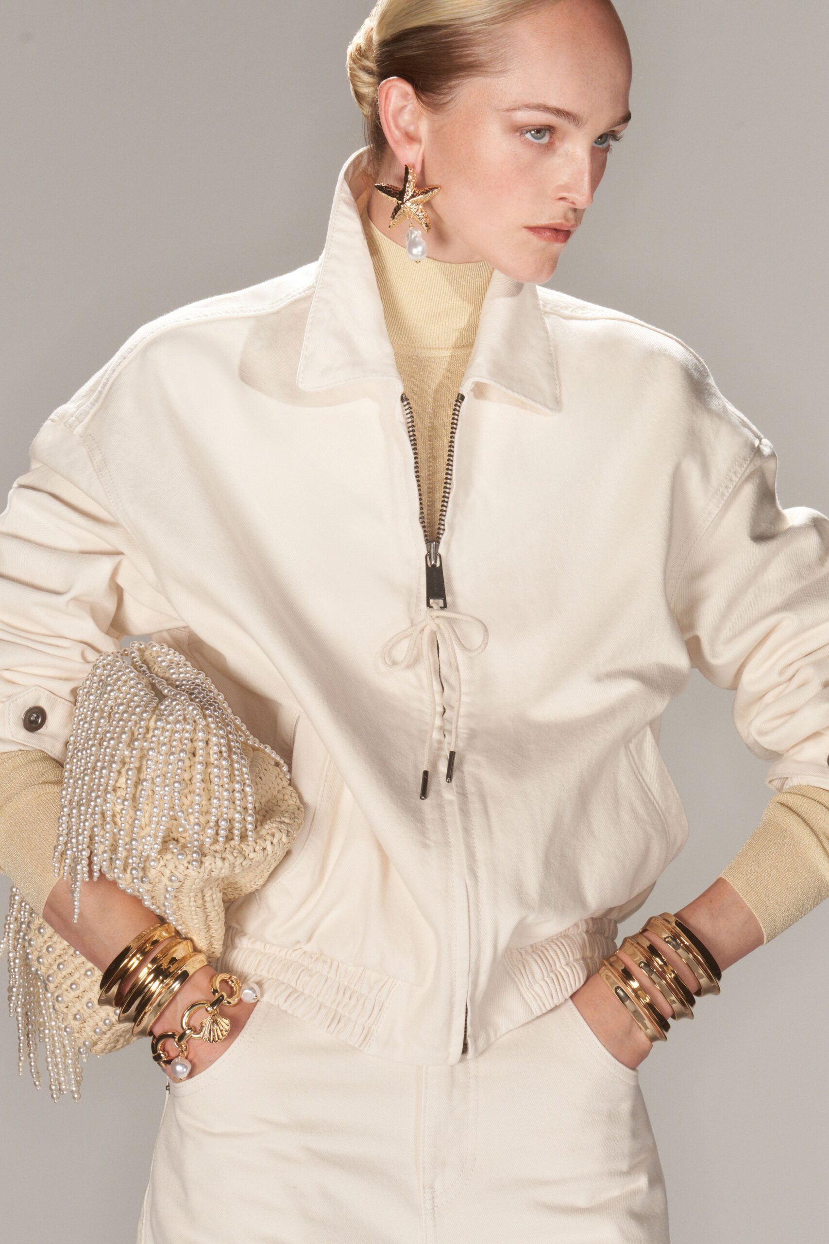 white relaxed jacket beige turtleneck