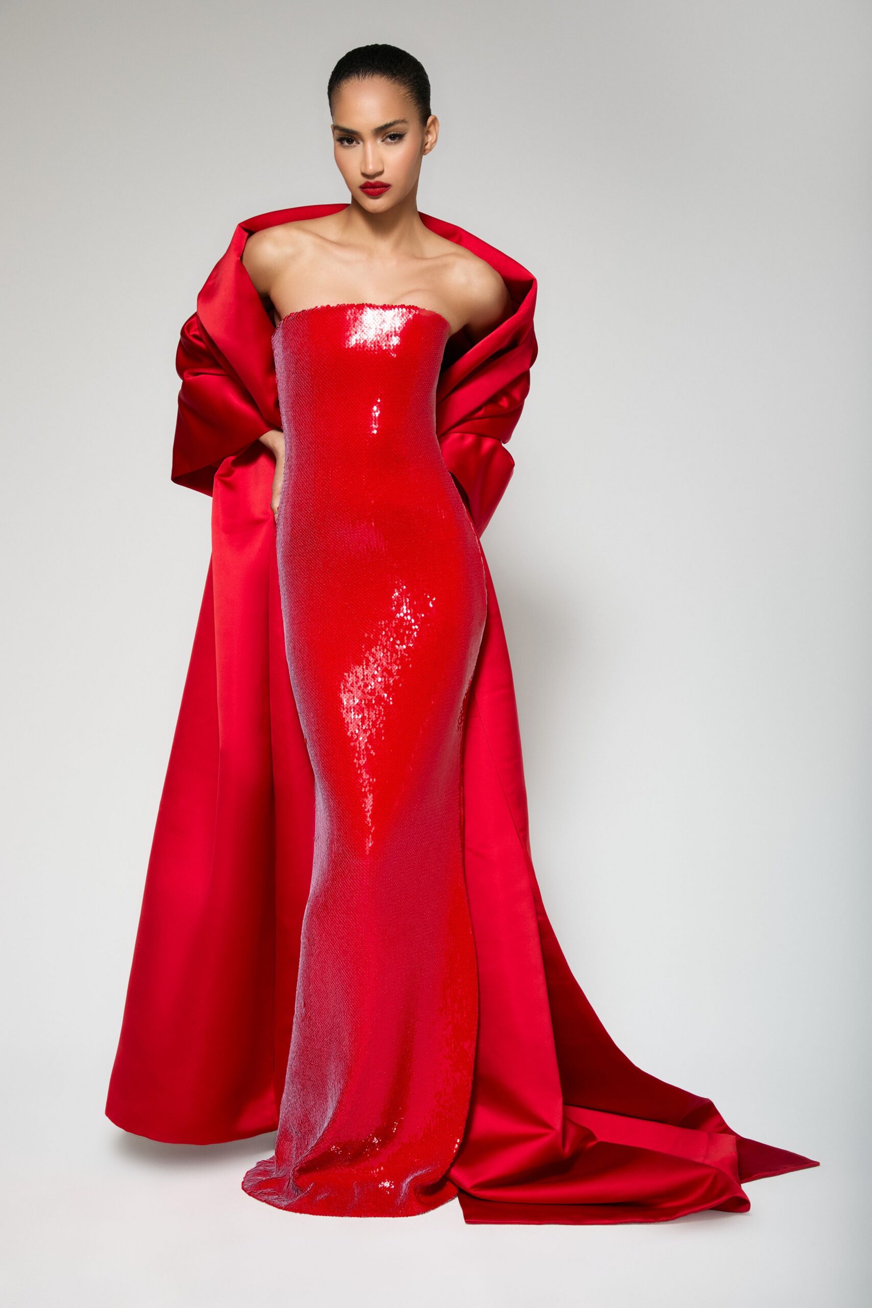 red sequin strapless fitted embellished shiny maxi gown