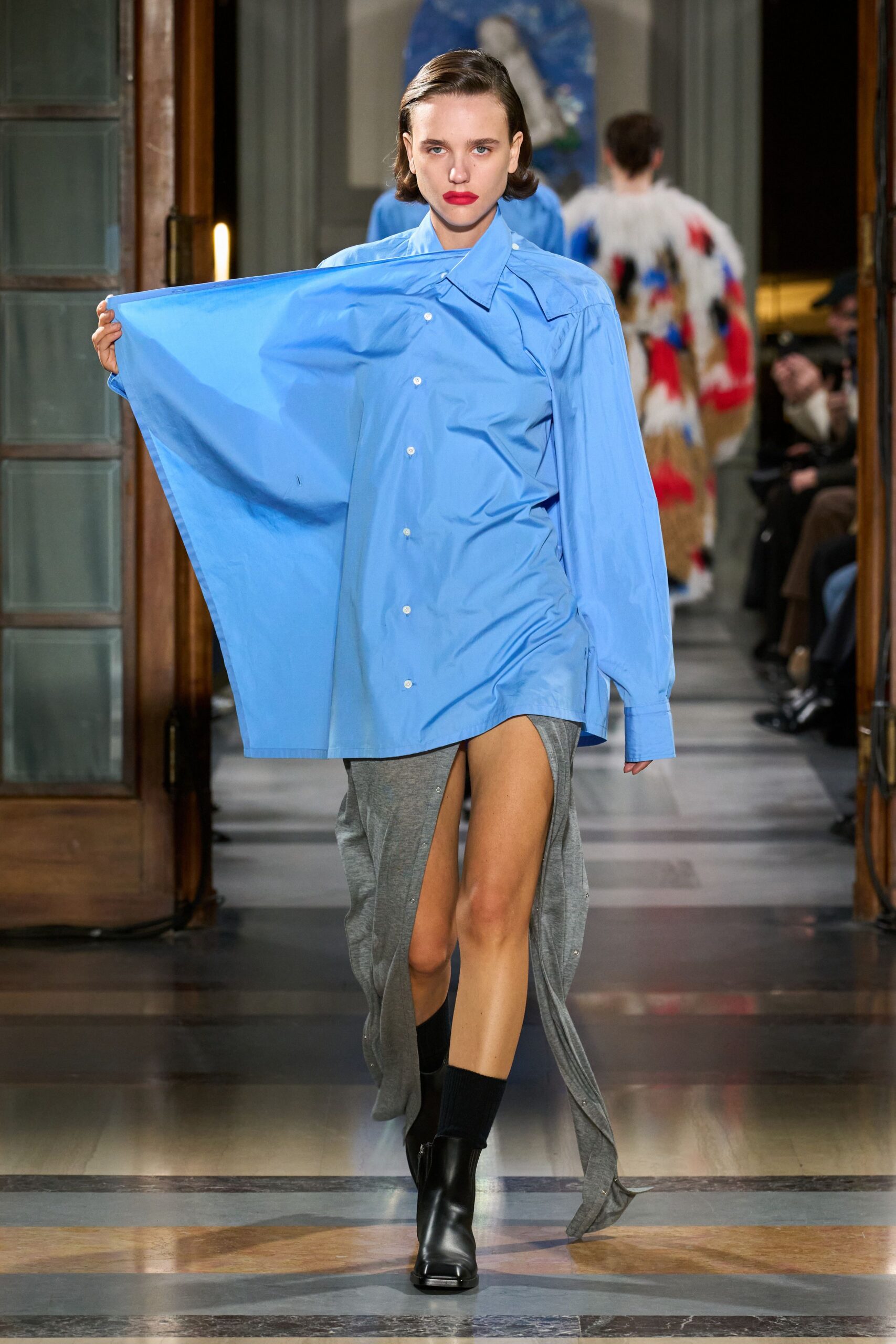gray cotton slit fitted layered skirt