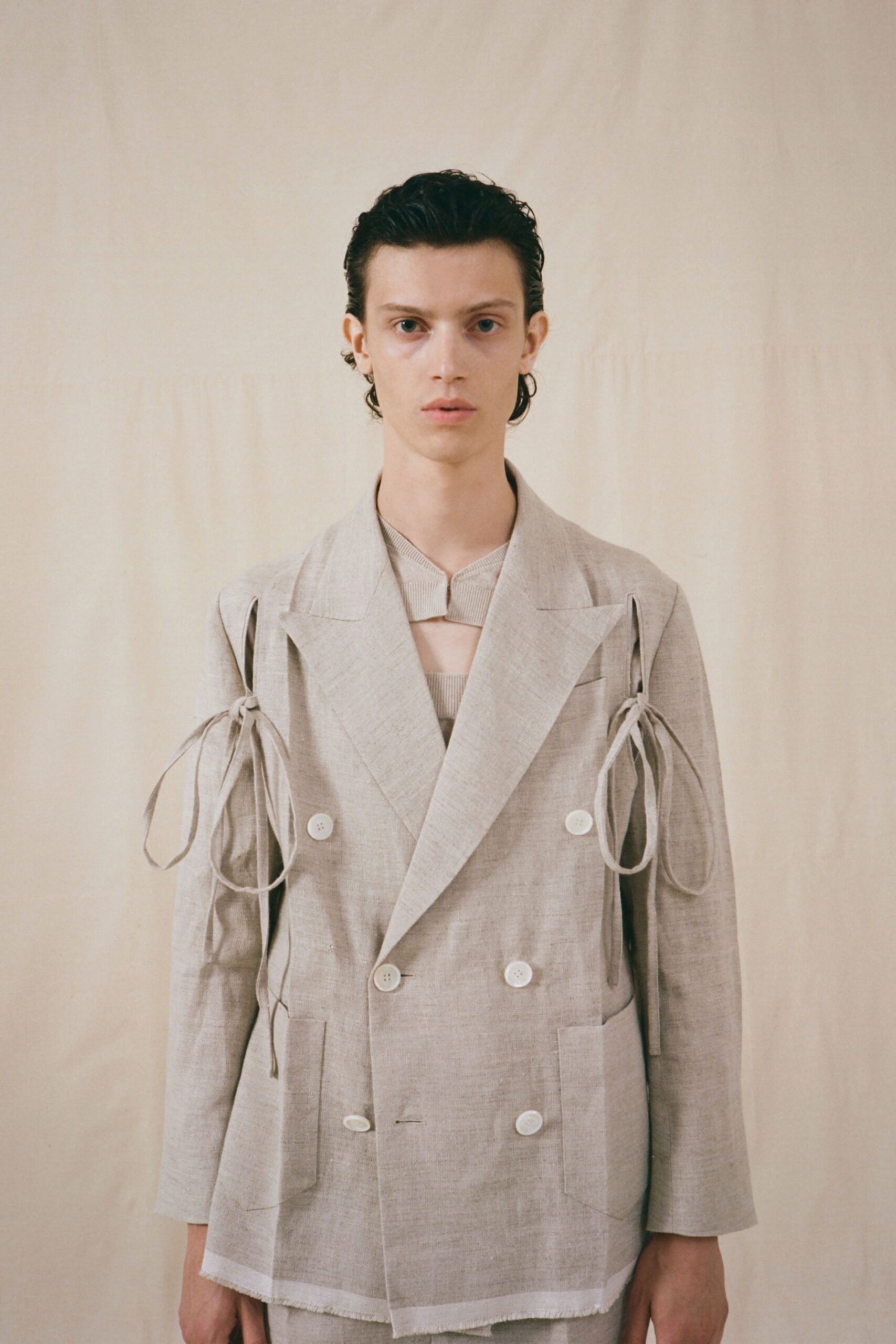 beige tailored blazer and fitted top