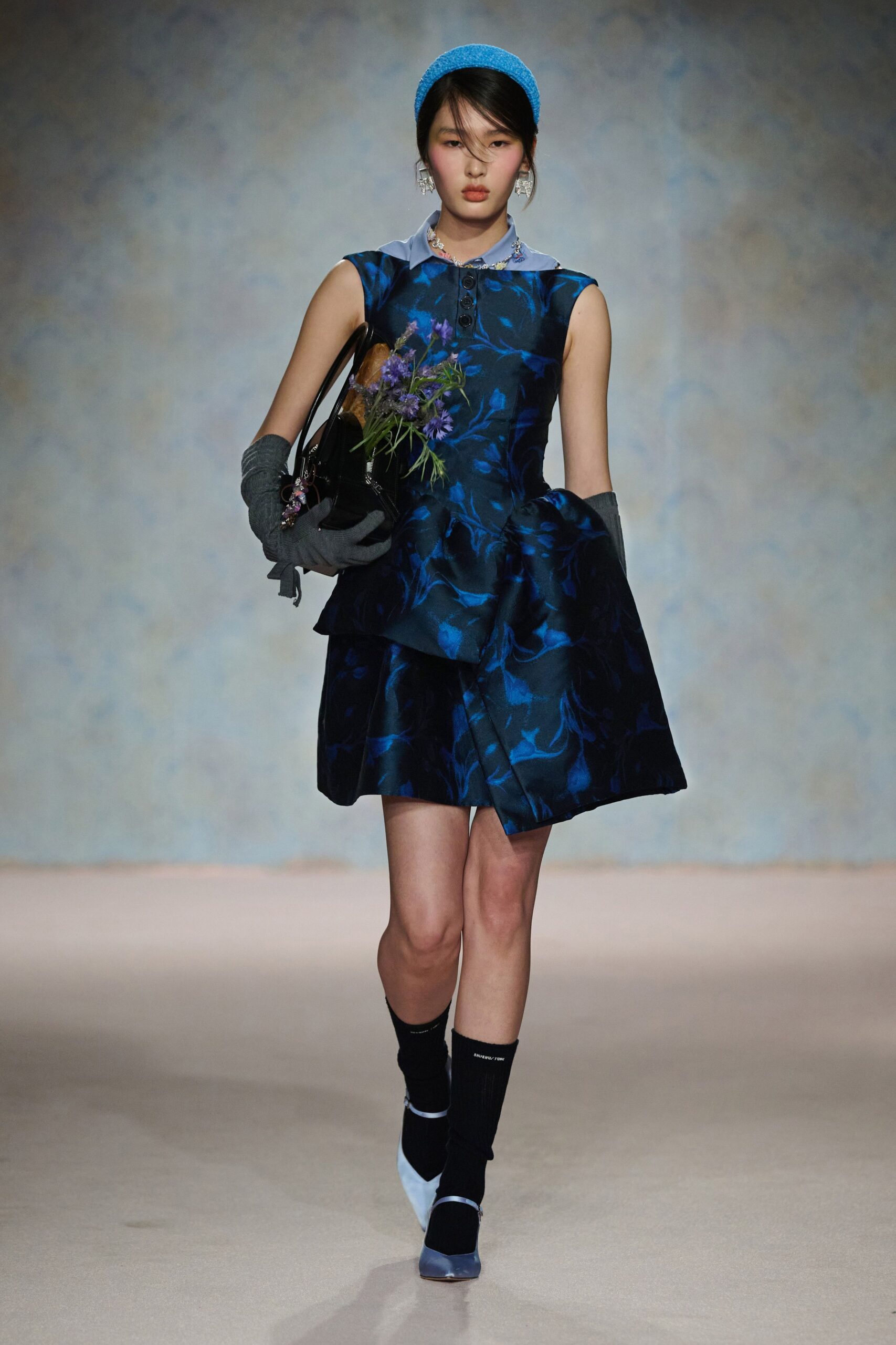 blue silk sleeveless collared fitted flared mini dress