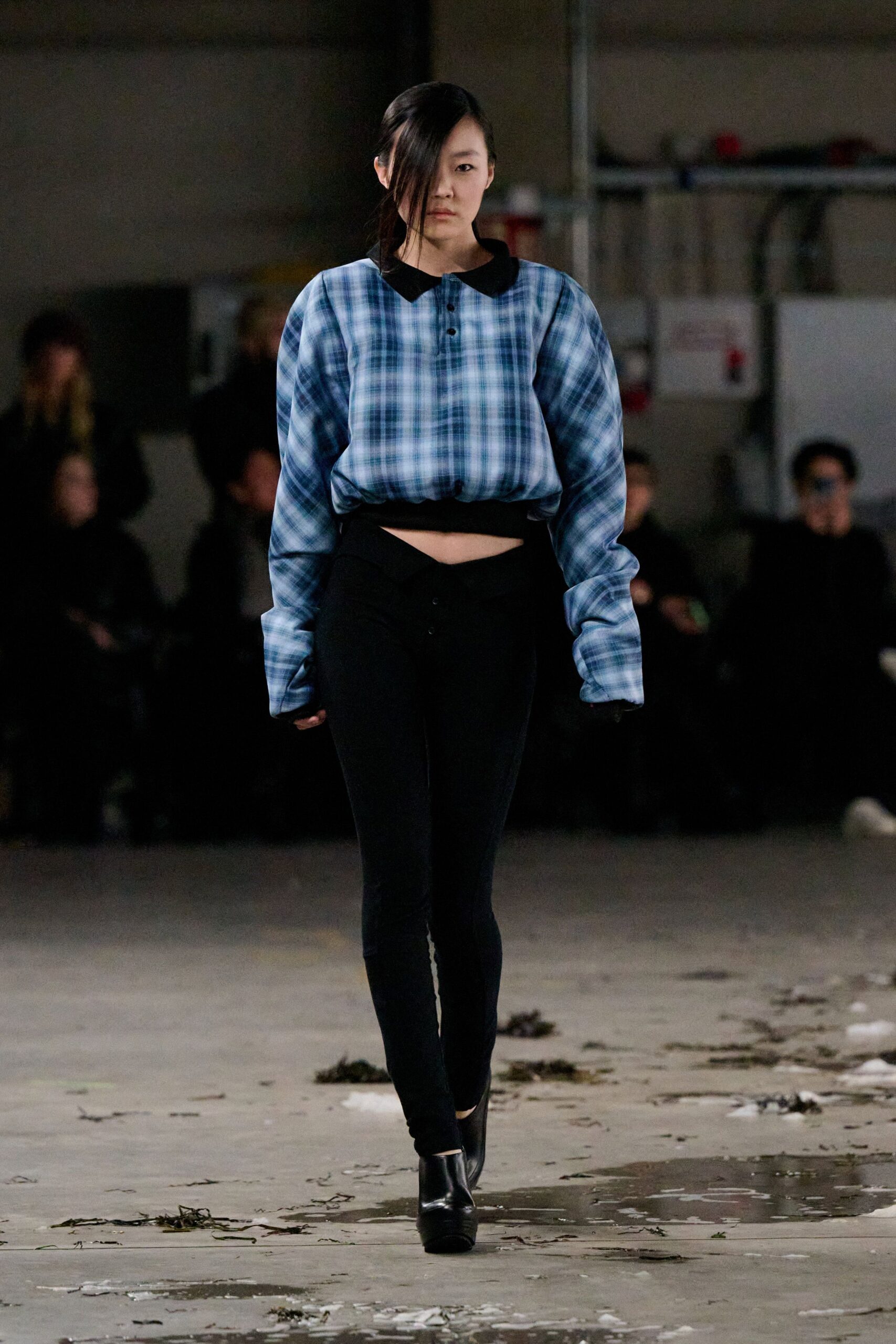 blue checked cropped top with black pants