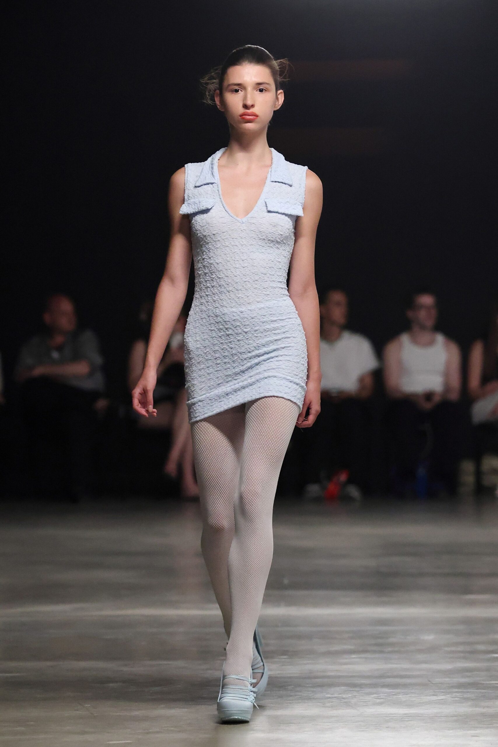 blue fitted mini dress with shoes