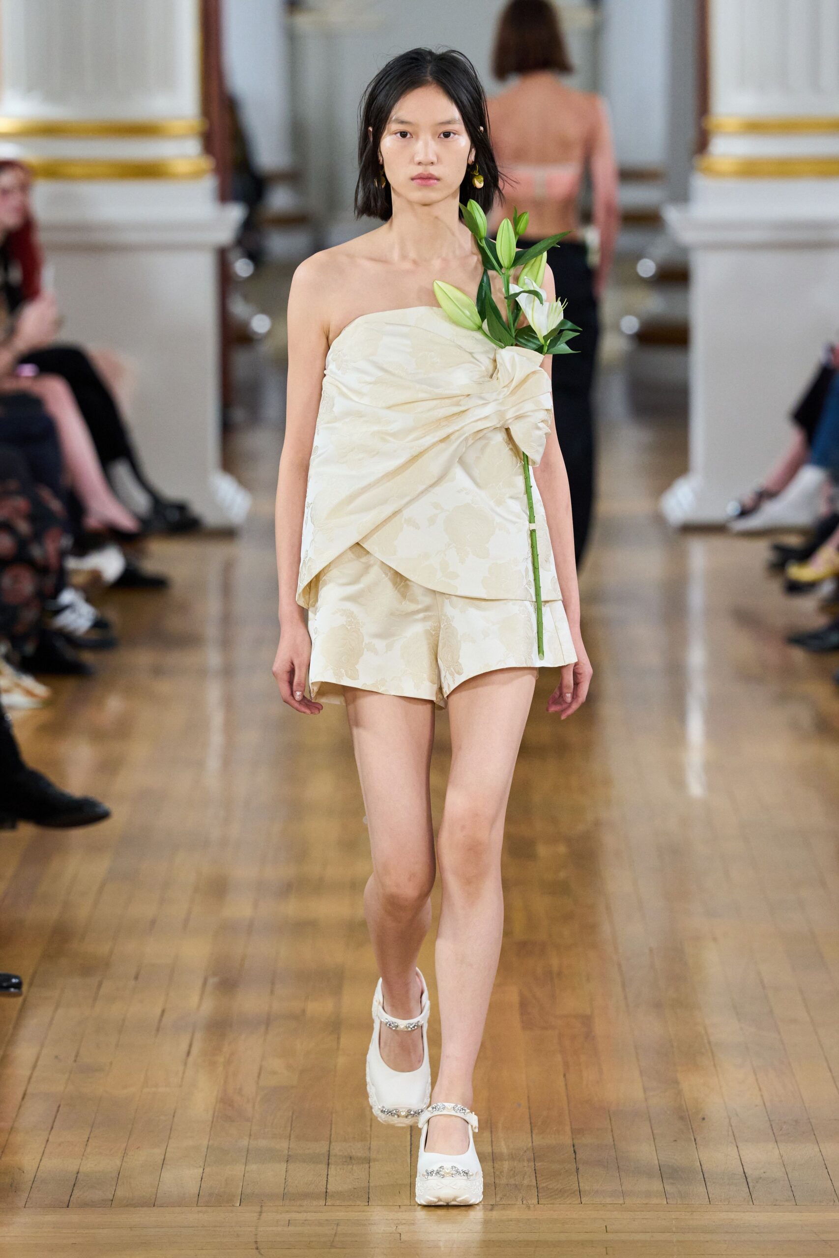 beige silk strapless fitted floral draped mini dress