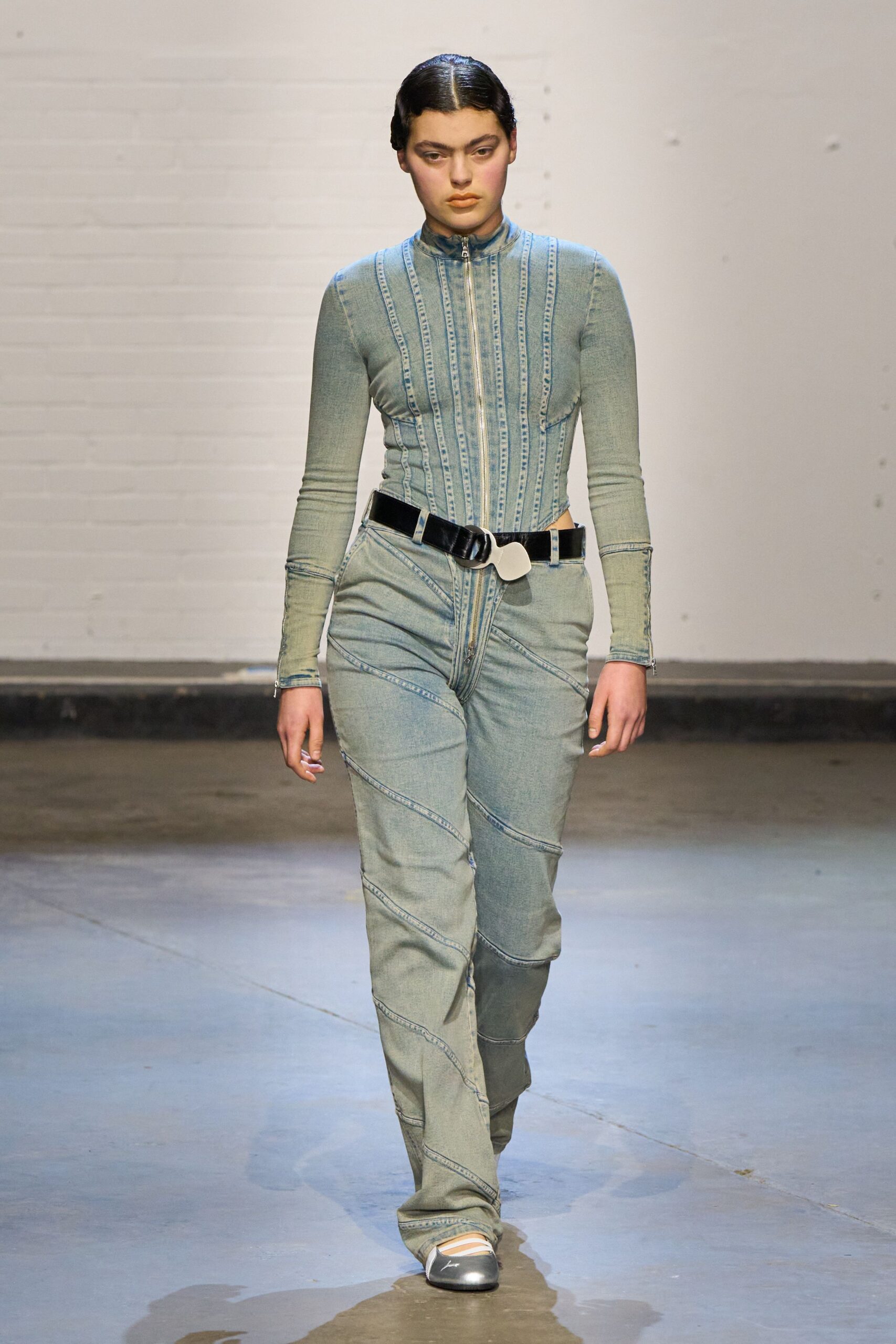 blue denim long-sleeve collared fitted zippered pleated jumpsuit