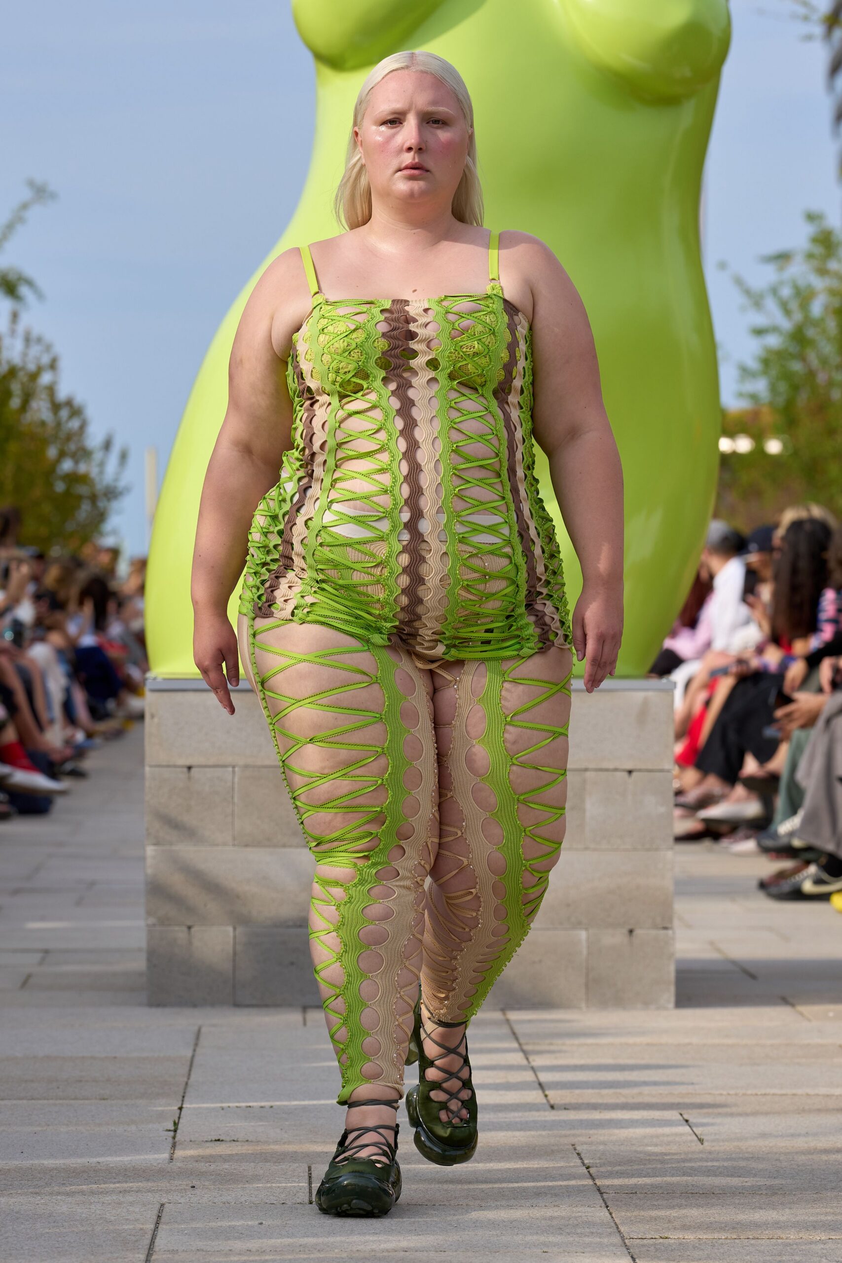 green mesh sleeveless v-neck fitted layered catsuit