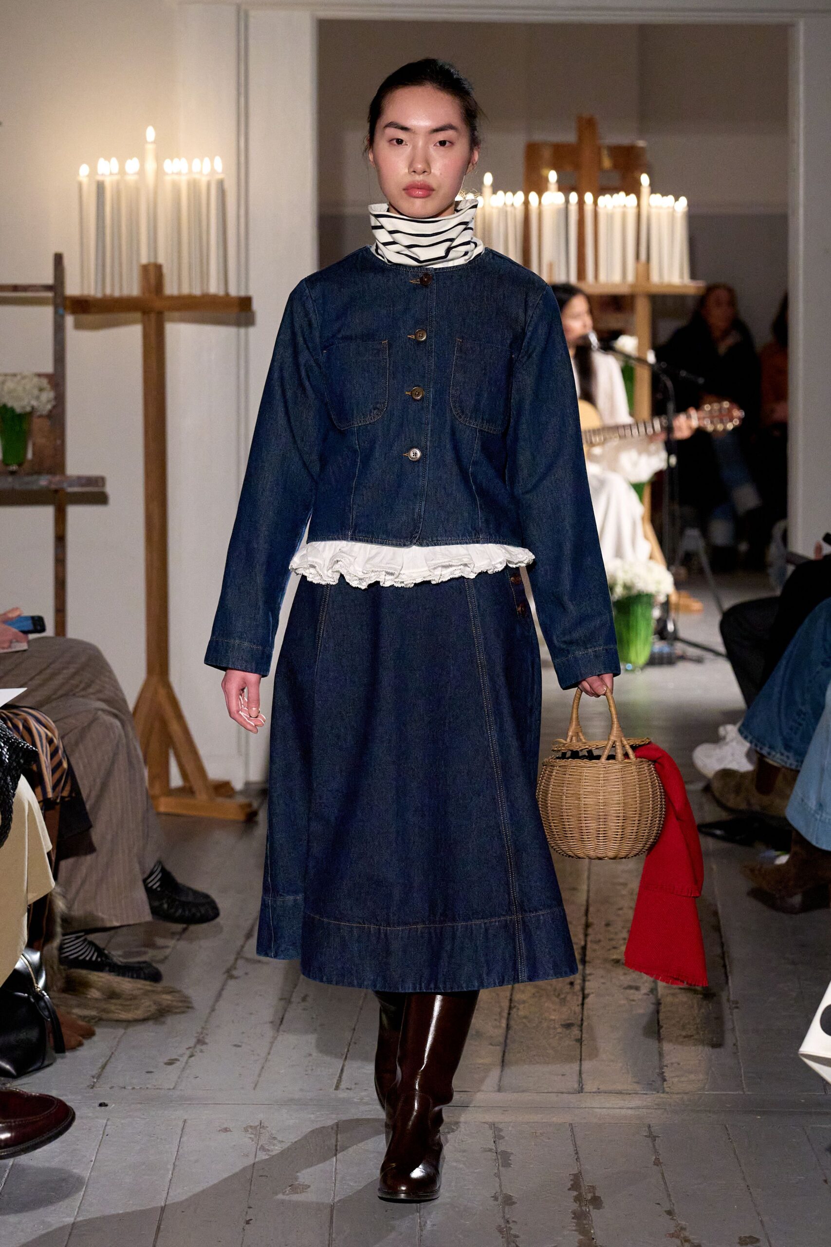 blue denim fitted a-line midi skirt
