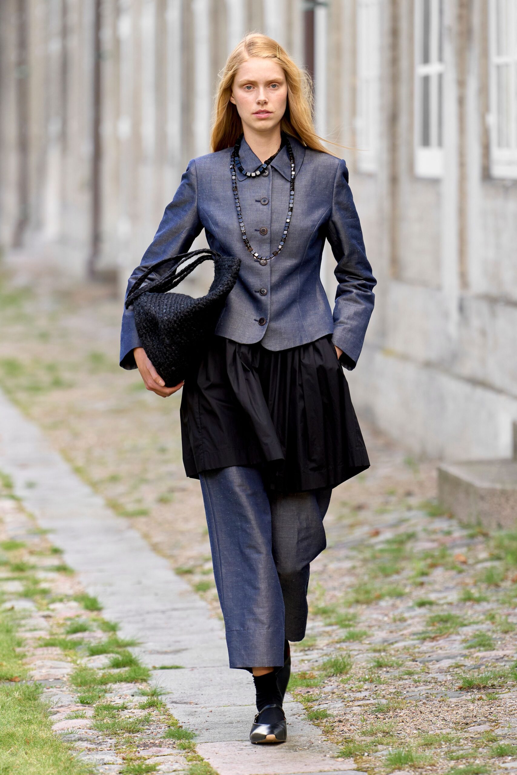 blue denim long-sleeve collared structured blazer