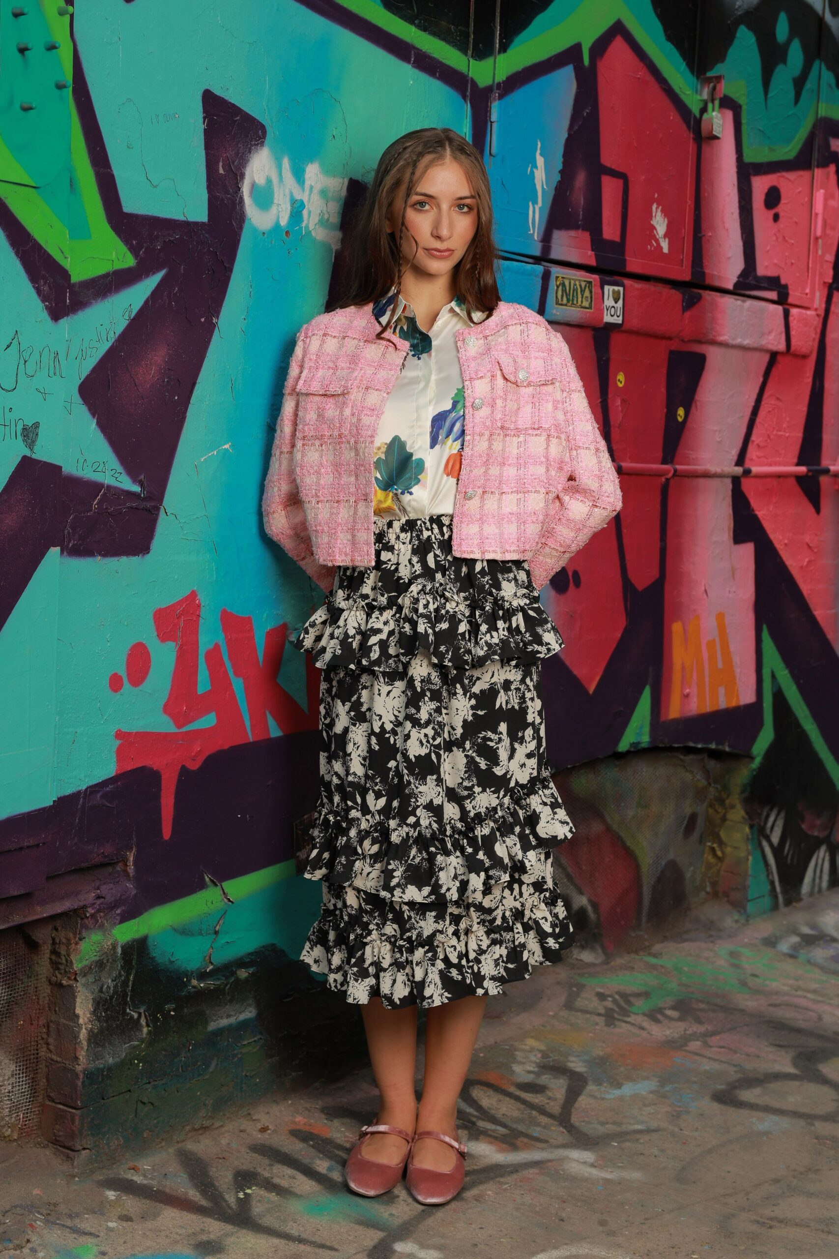 pink cotton long-sleeve collared fitted buttoned layered jacket