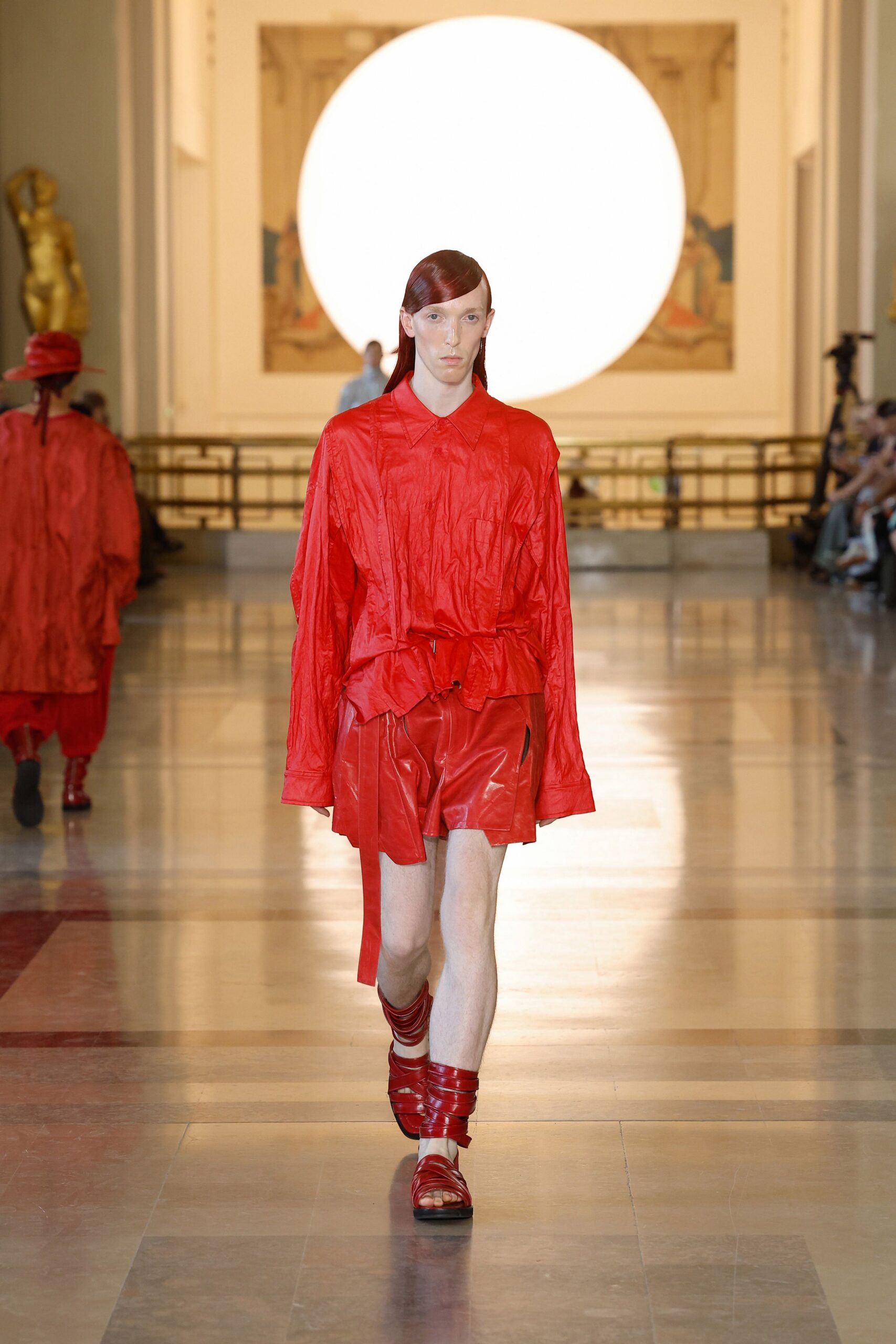red silk long-sleeve collared relaxed layered top