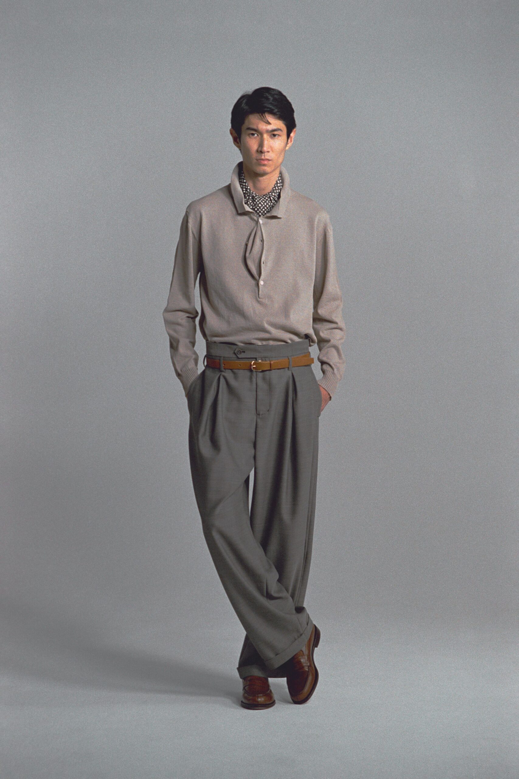 beige cotton shirt gray pants