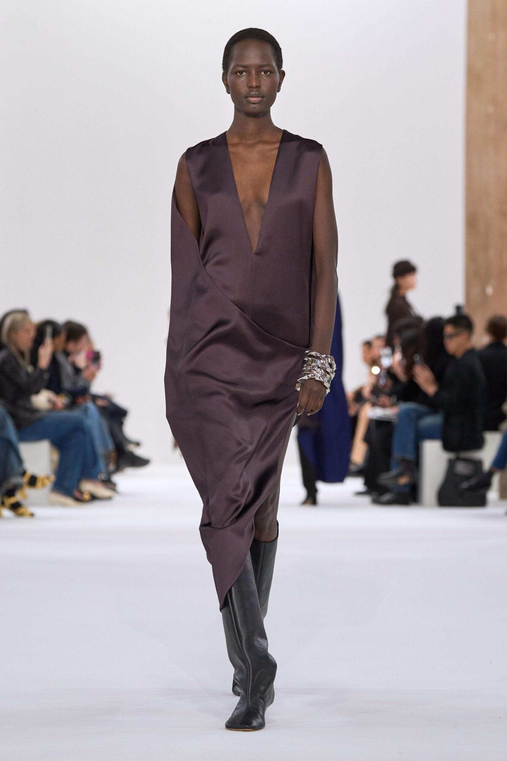 purple silk sleeveless midi dress with black boots