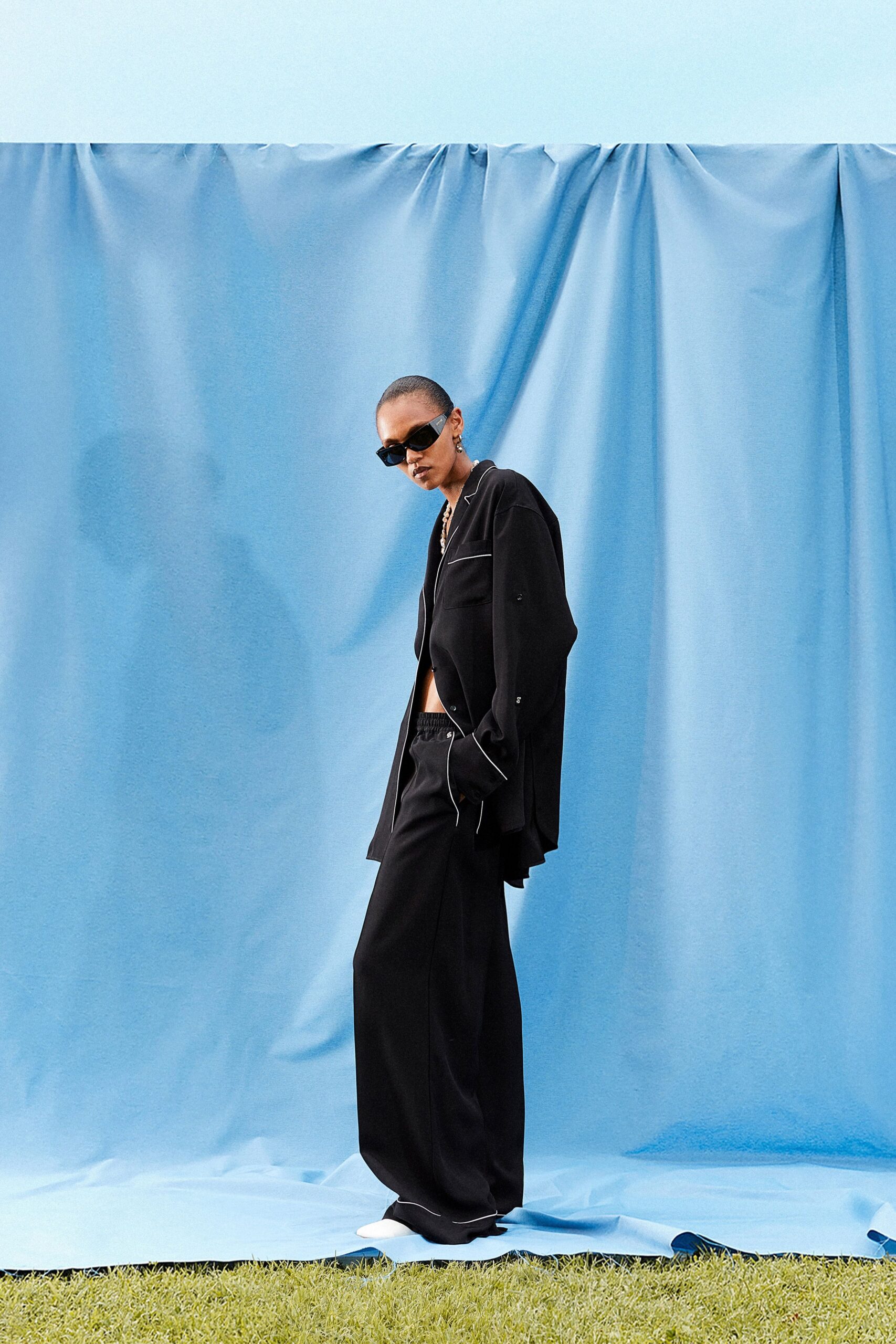 black oversized jacket and relaxed pants