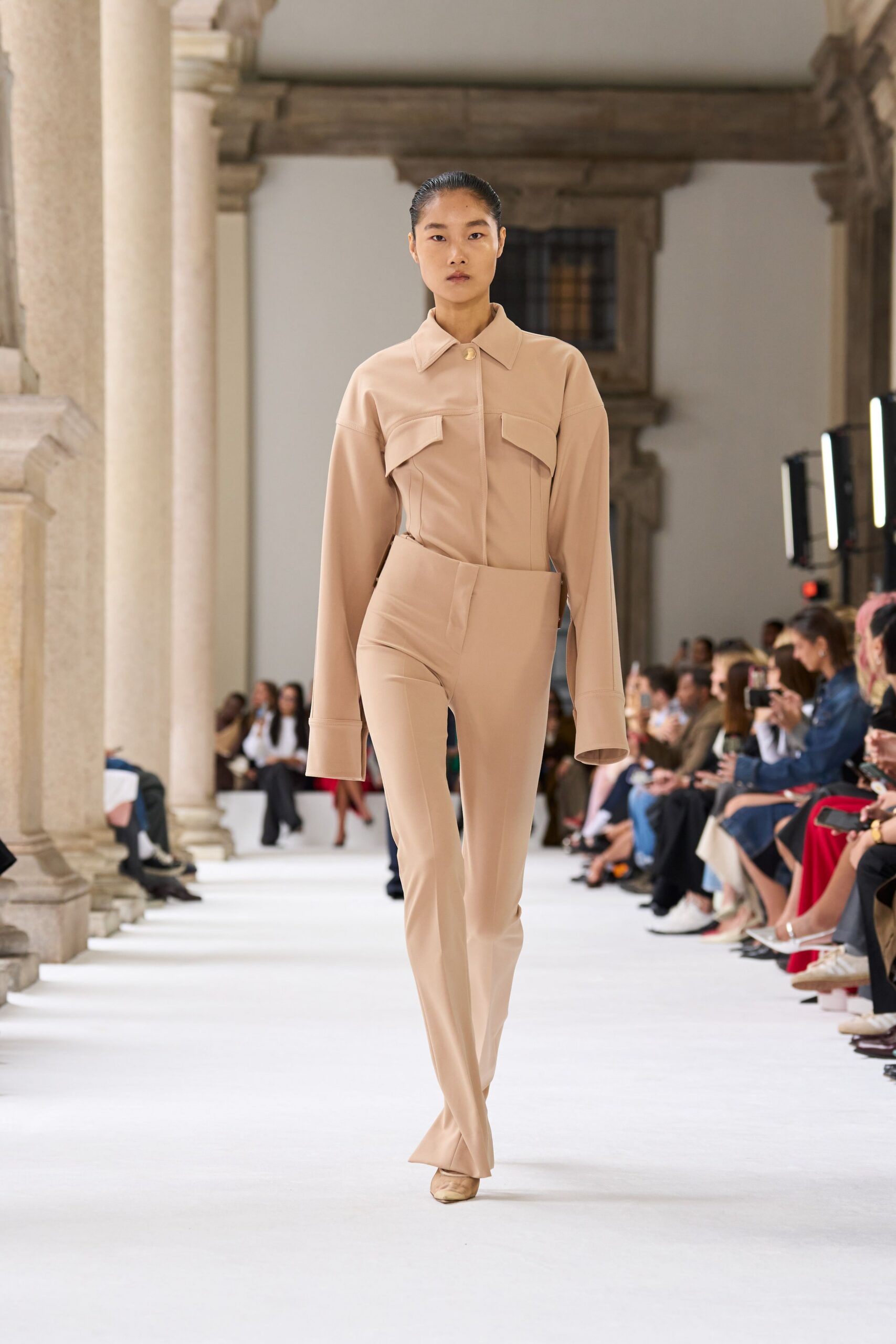 beige cotton long-sleeve collared fitted zippered straight-leg jumpsuit