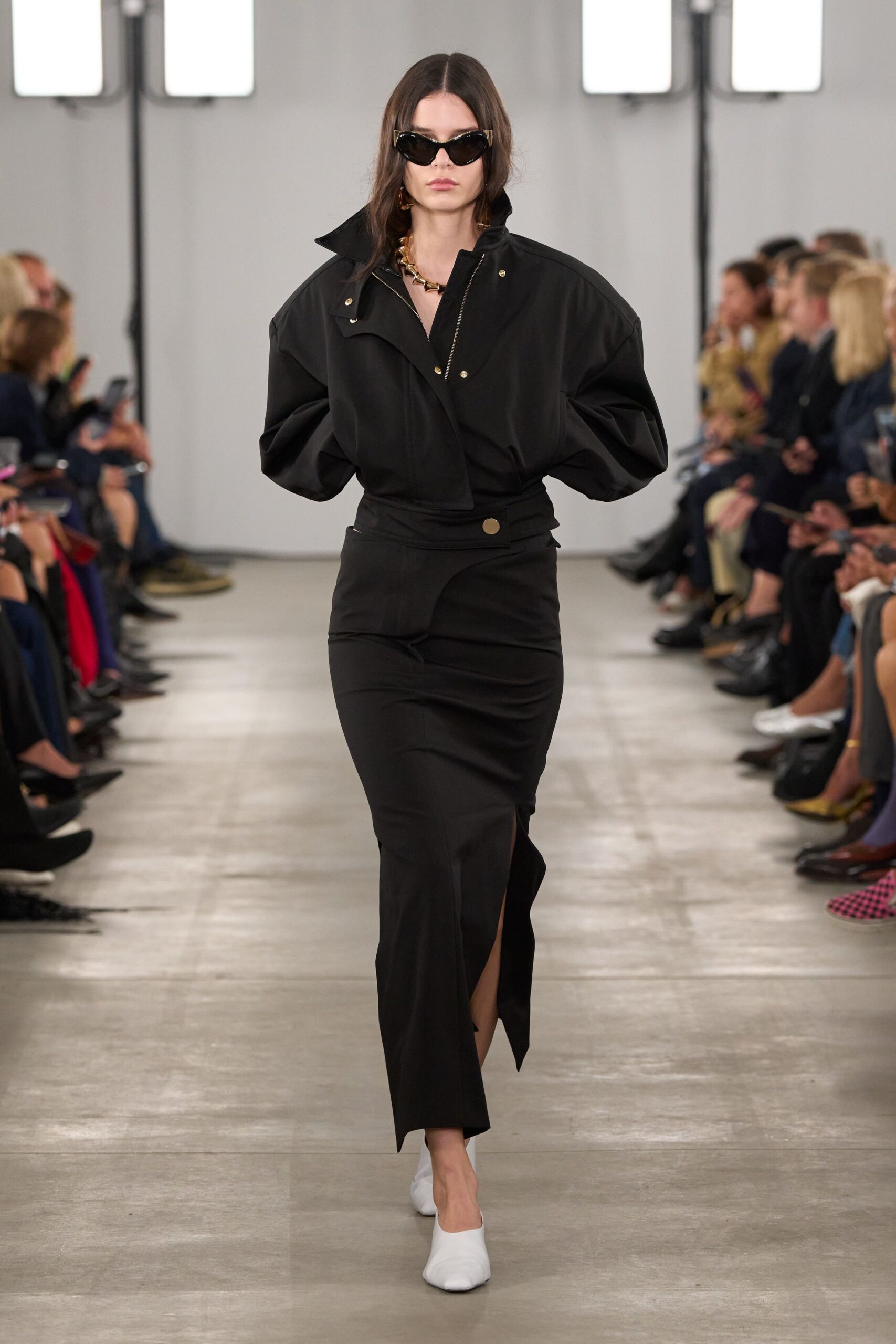 black oversized jacket and midi skirt