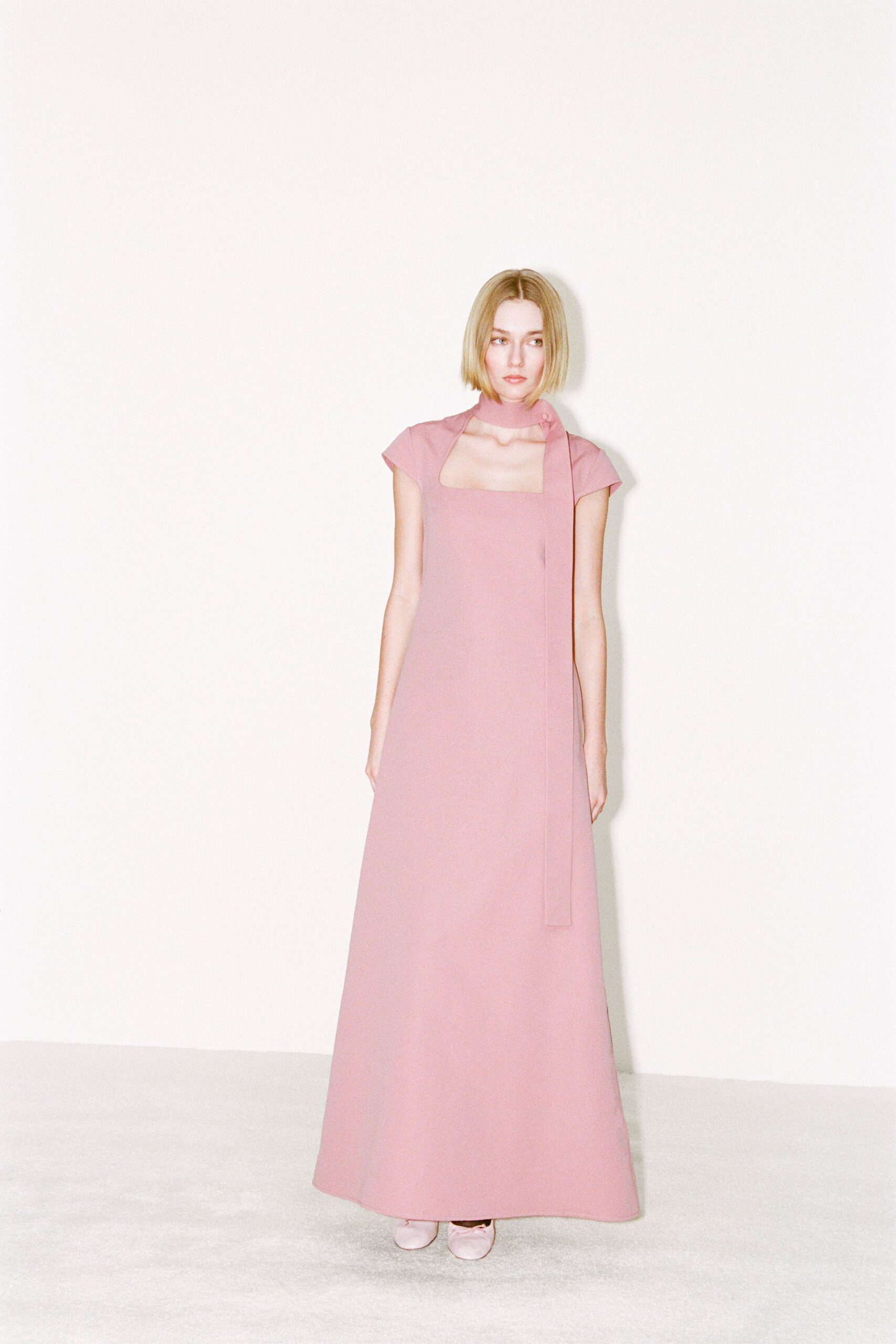 pink draped maxi gown with shoes