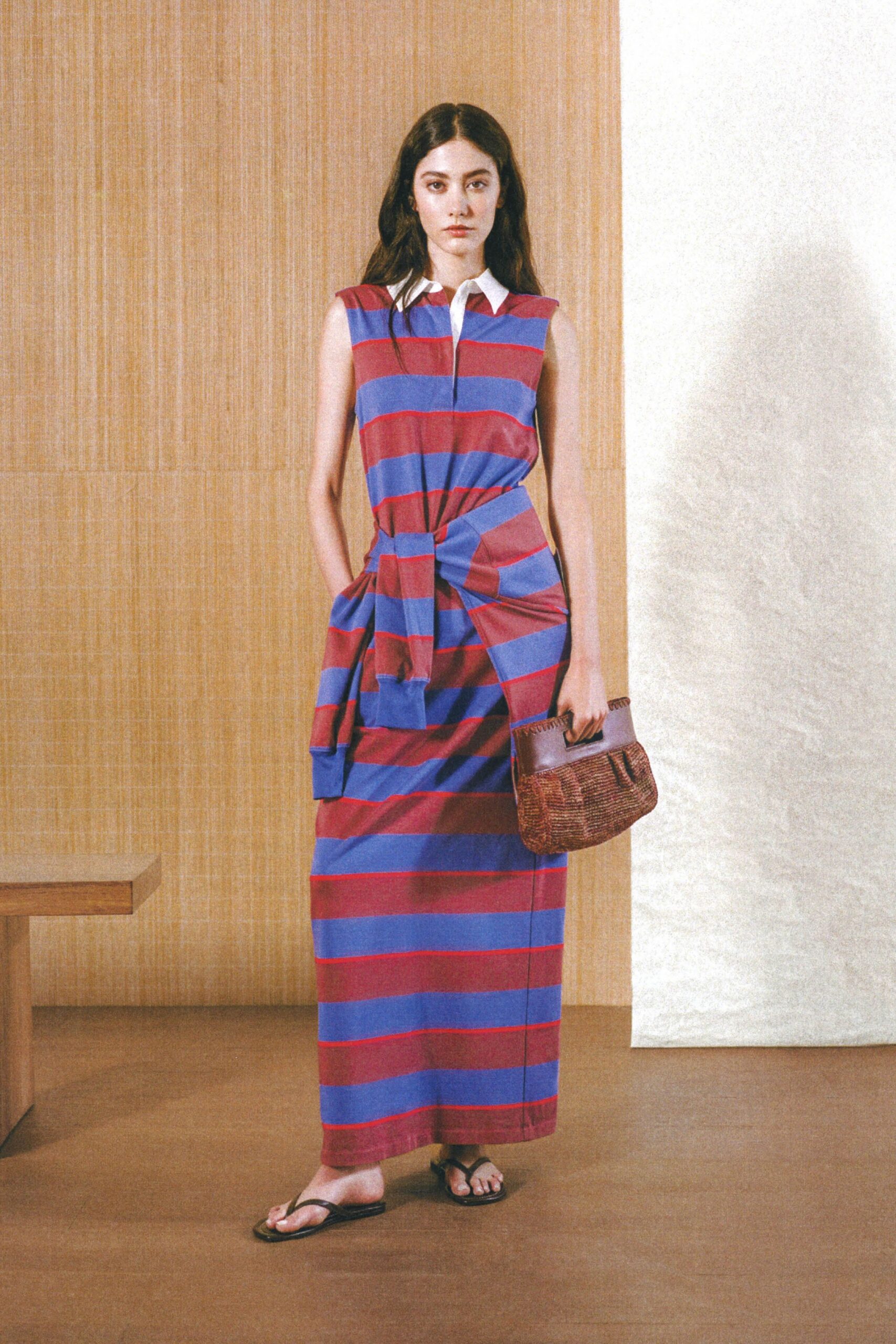 blue cotton sleeveless collared fitted striped draped dress