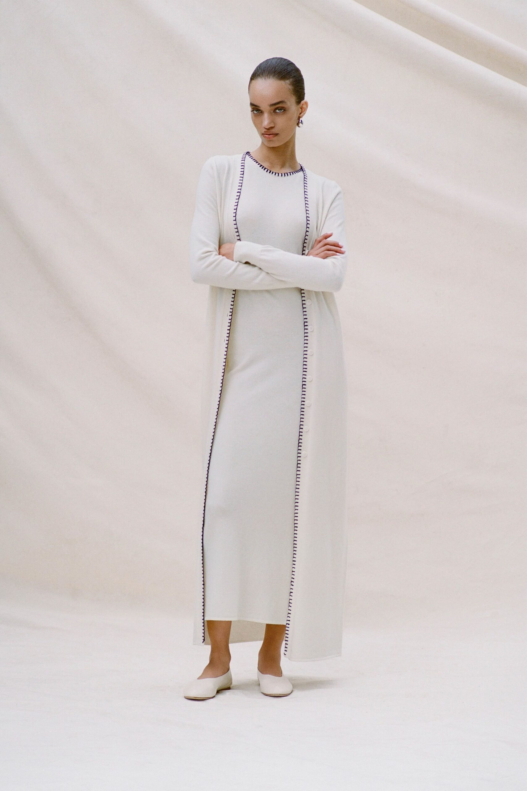 white cotton long-sleeve collared fitted layered maxi dress