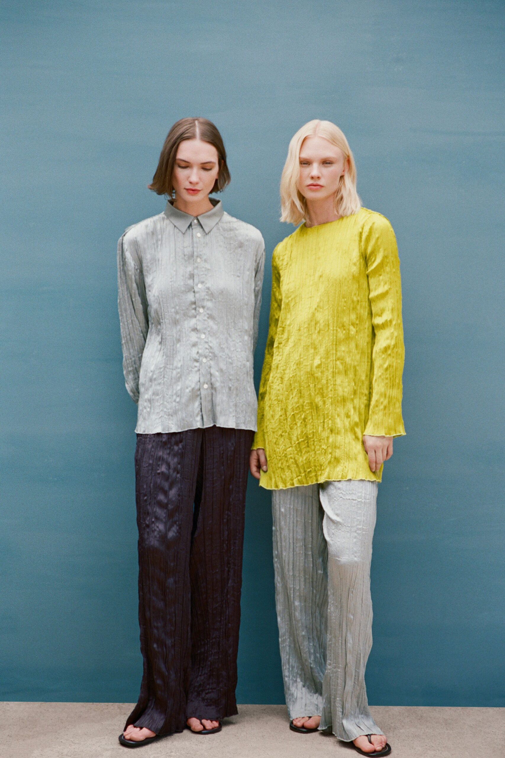 yellow silk long-sleeve relaxed pleated top