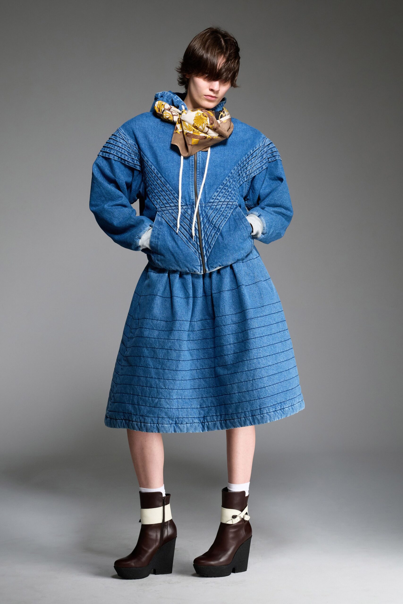 blue denim long-sleeve hooded relaxed pleated jacket