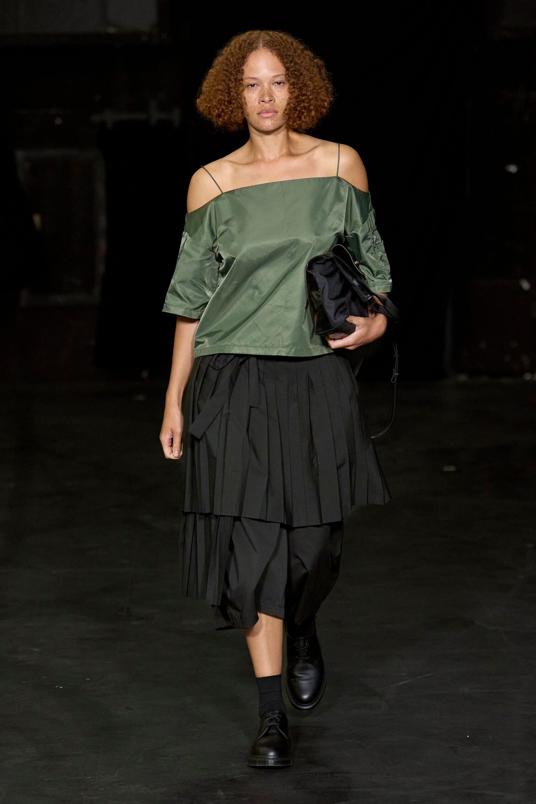 green silk short-sleeve off-shoulder relaxed pleated top